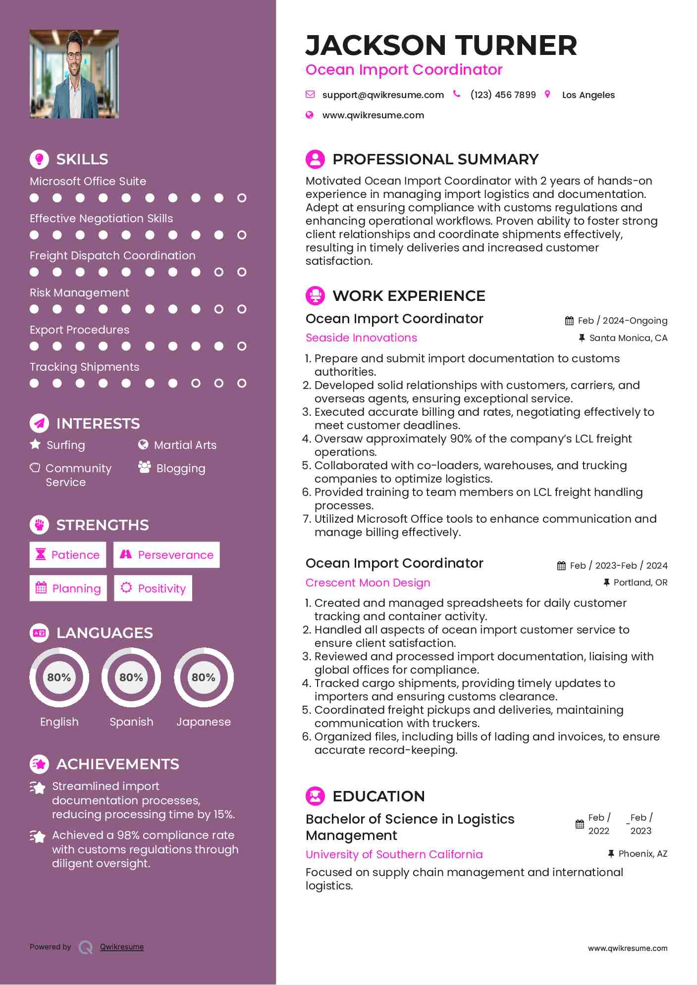 Ocean Import Coordinator Resume Sample