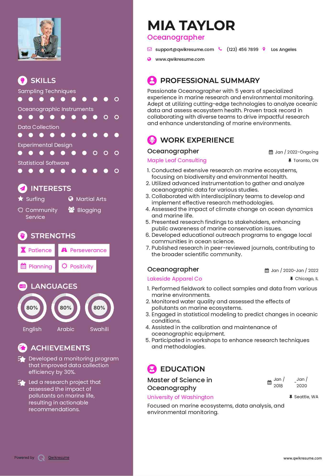 Oceanographer Resume Sample