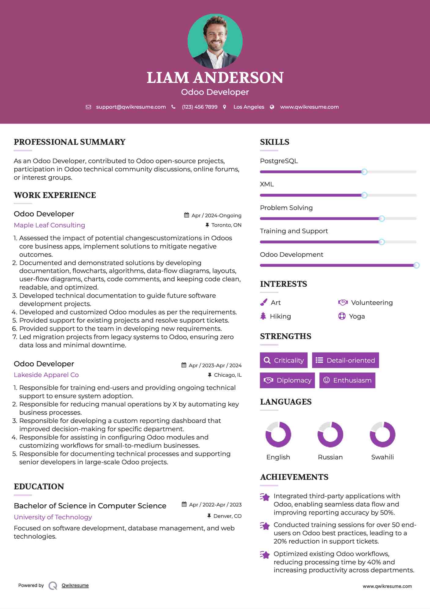 Odoo Developer Resume Example