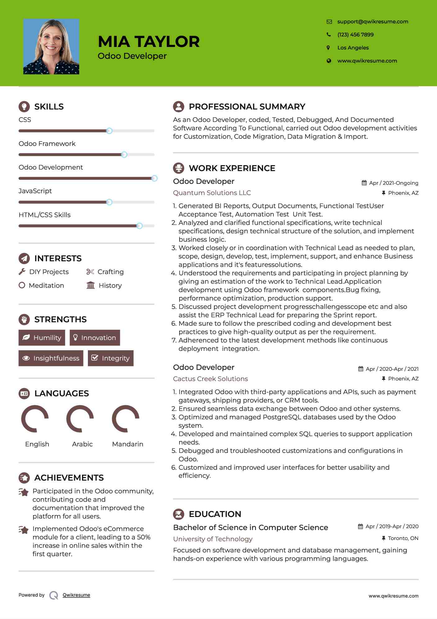 Odoo Developer Resume Example
