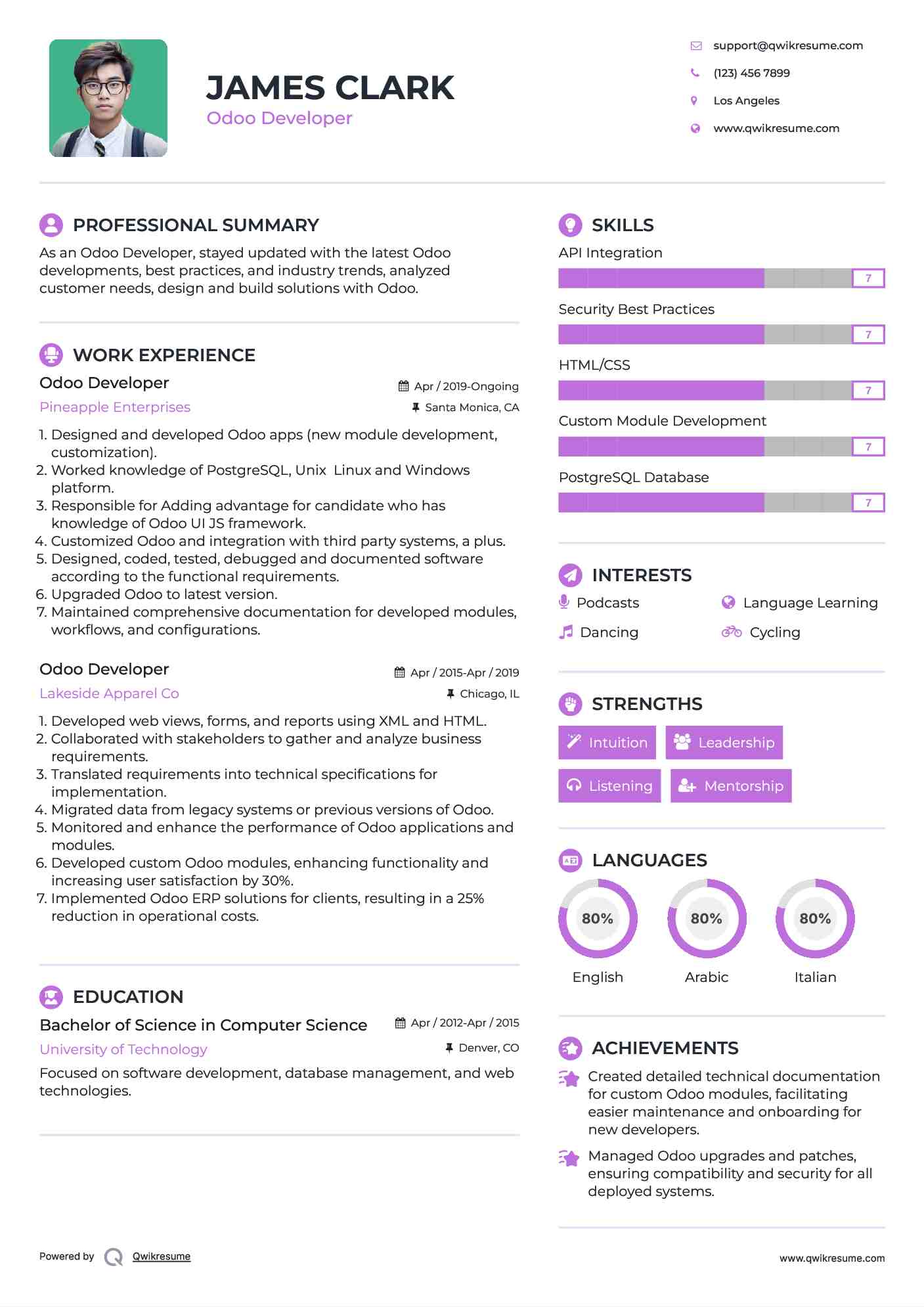Odoo Developer Resume Example