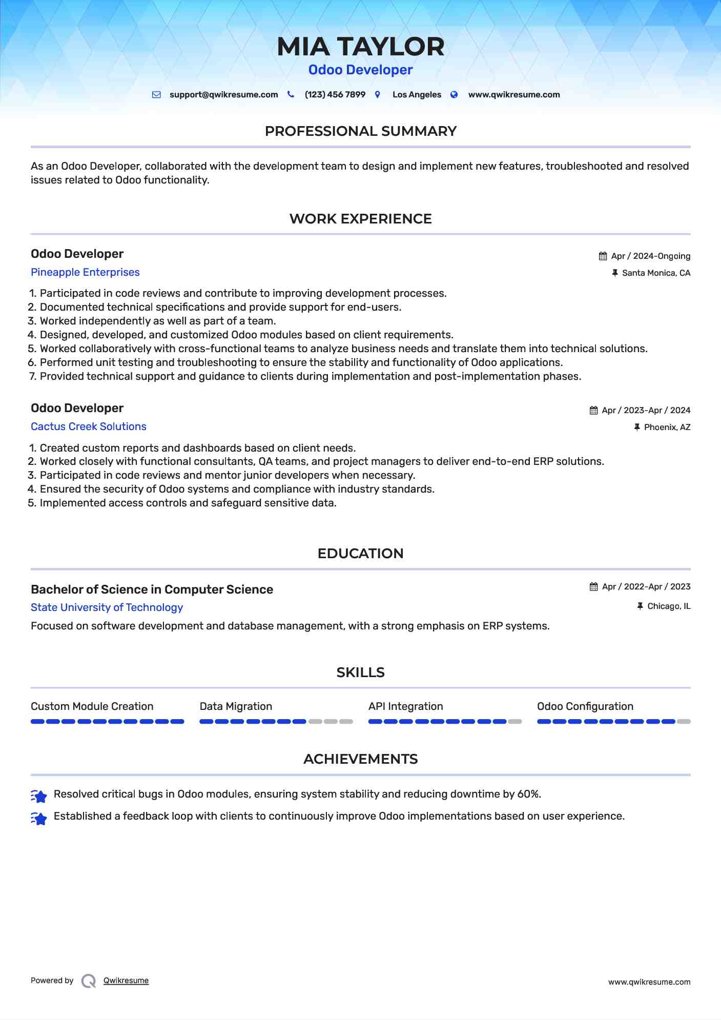 Odoo Developer Resume Format