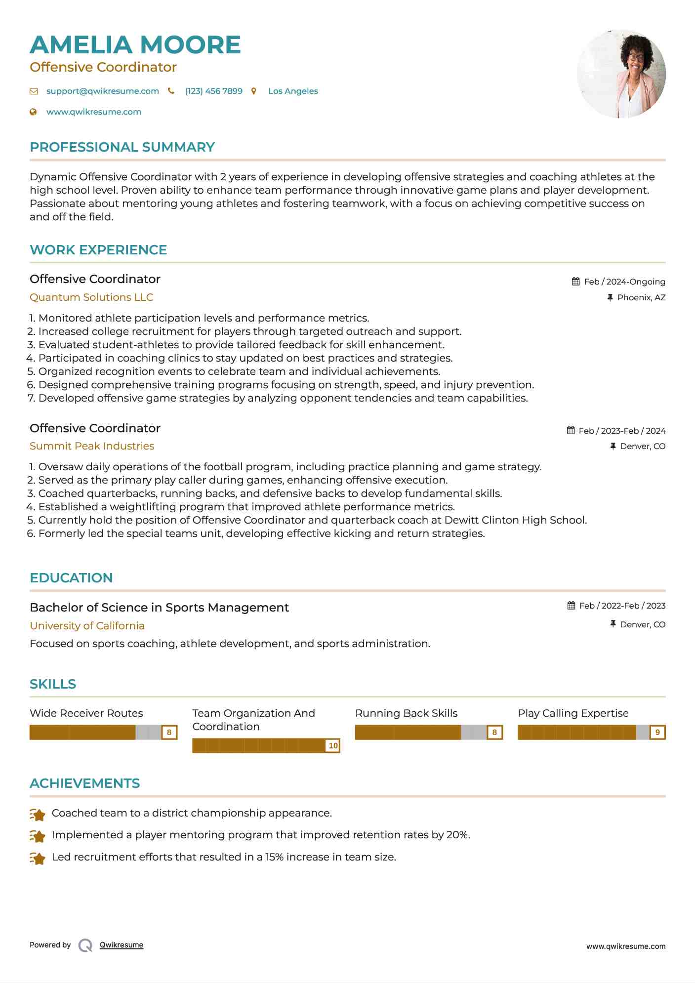Offensive Coordinator Resume Example