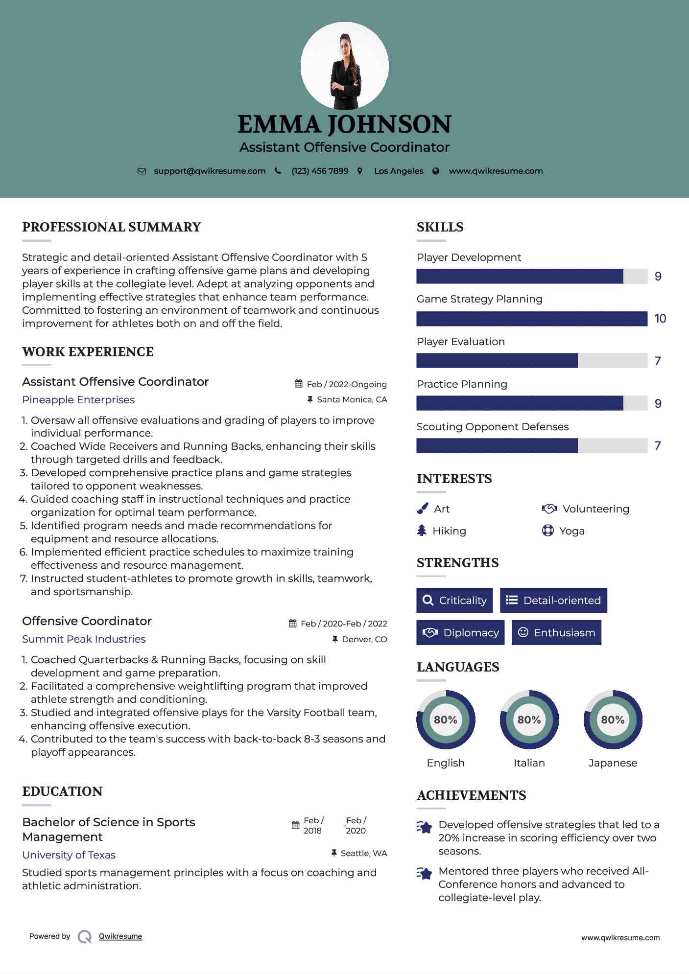 Assistant Offensive Coordinator Resume Sample