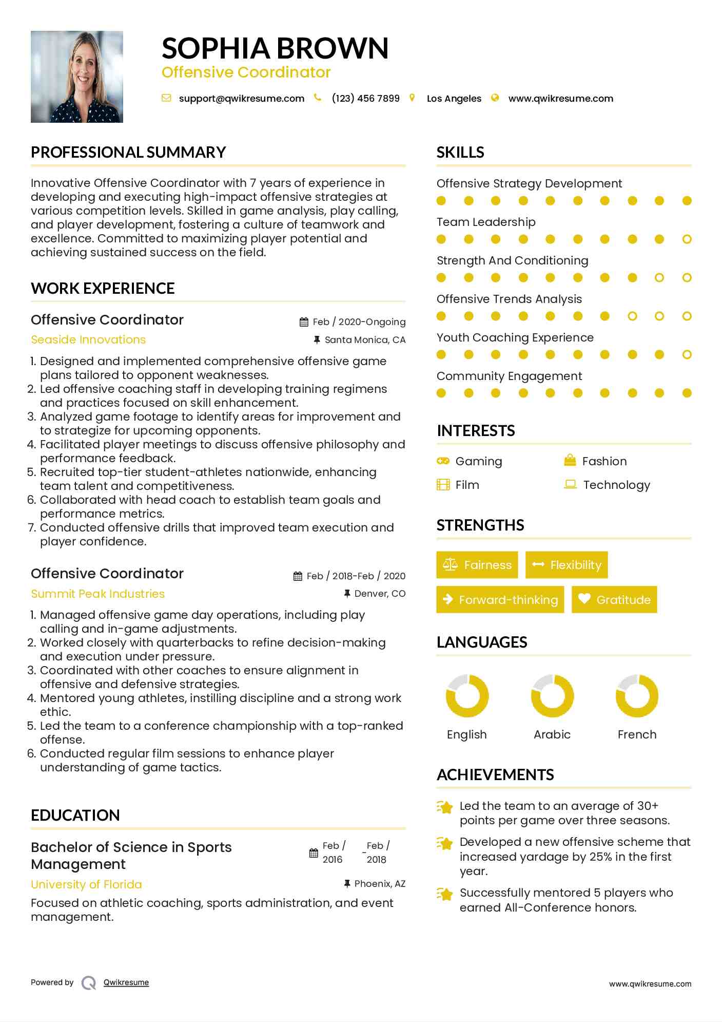 Offensive Coordinator Resume Sample