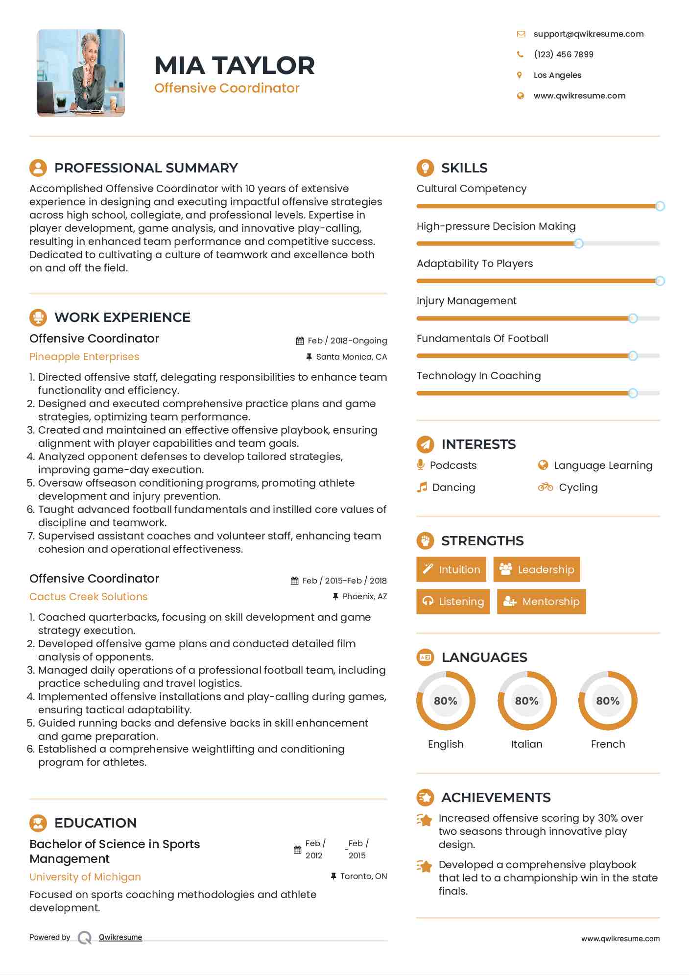 Offensive Coordinator Resume Model