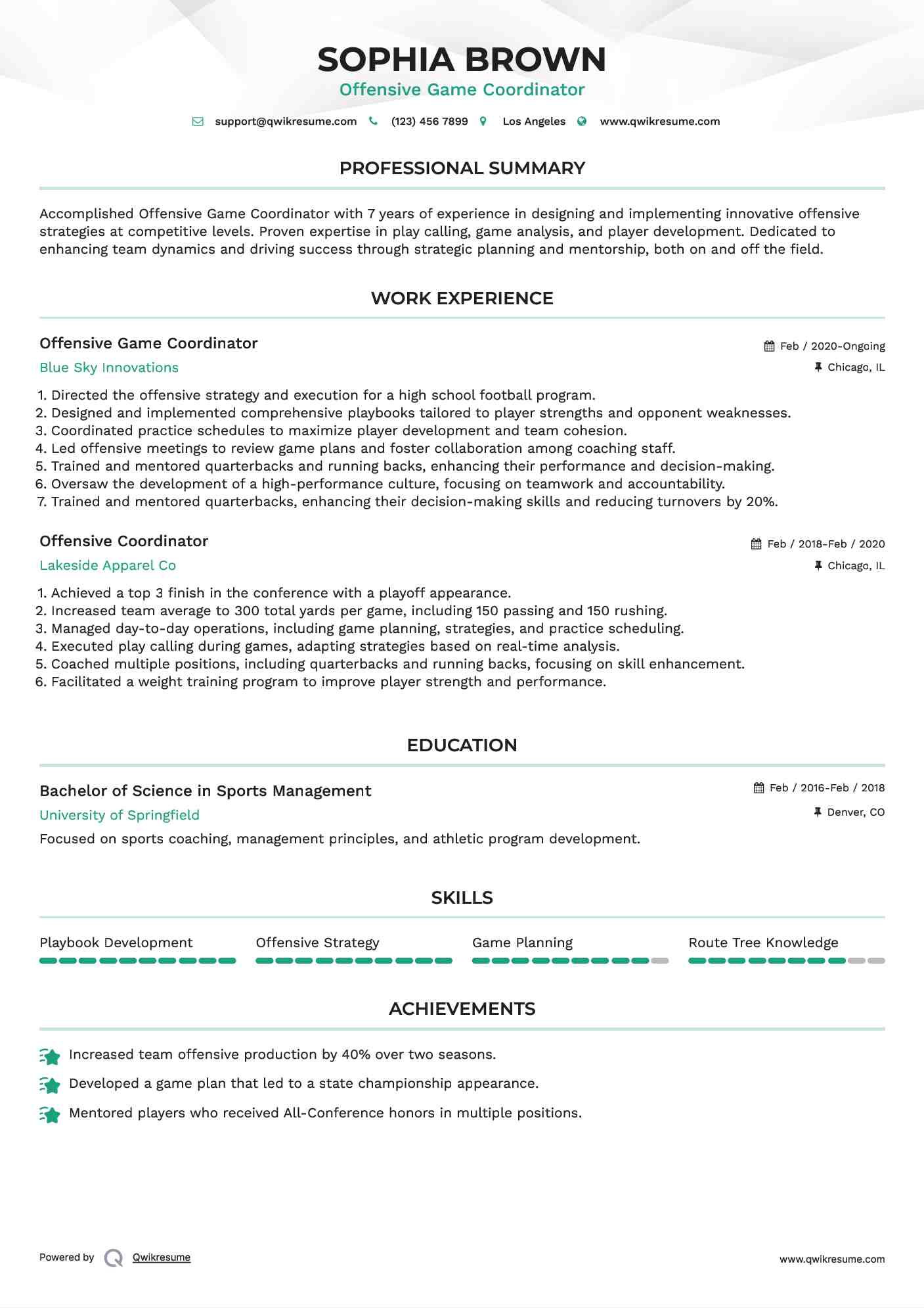 Offensive Game Coordinator Resume Model
