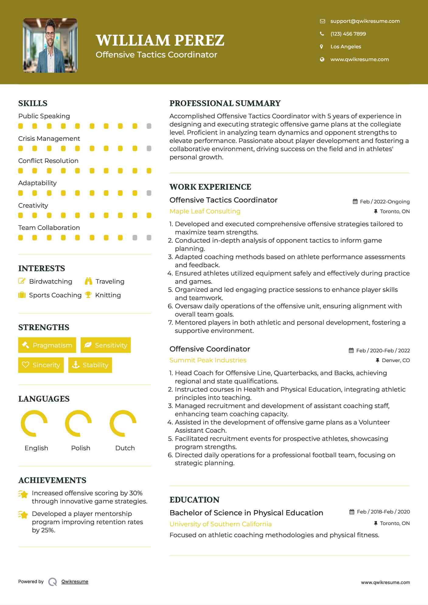 Offensive Tactics Coordinator Resume Model