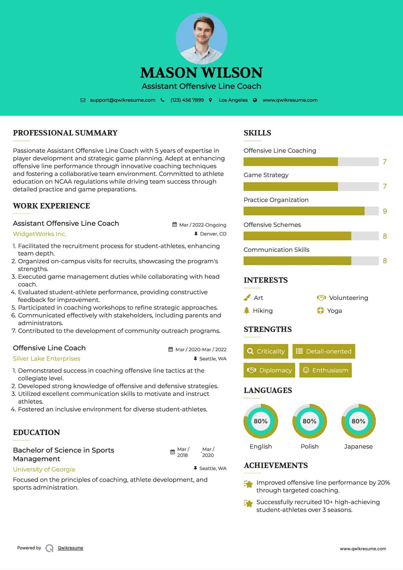 Assistant Offensive Line Coach Resume Model