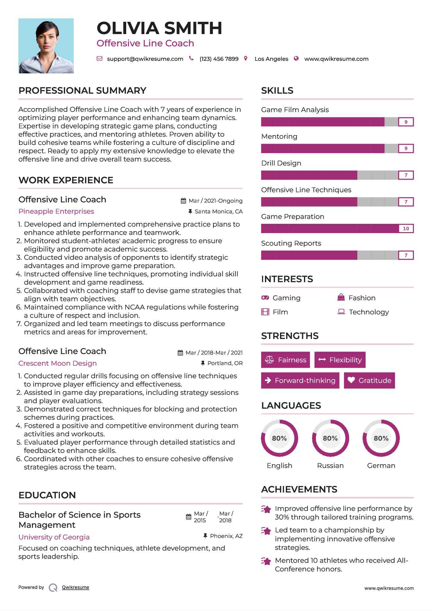 Offensive Line Coach Resume Sample