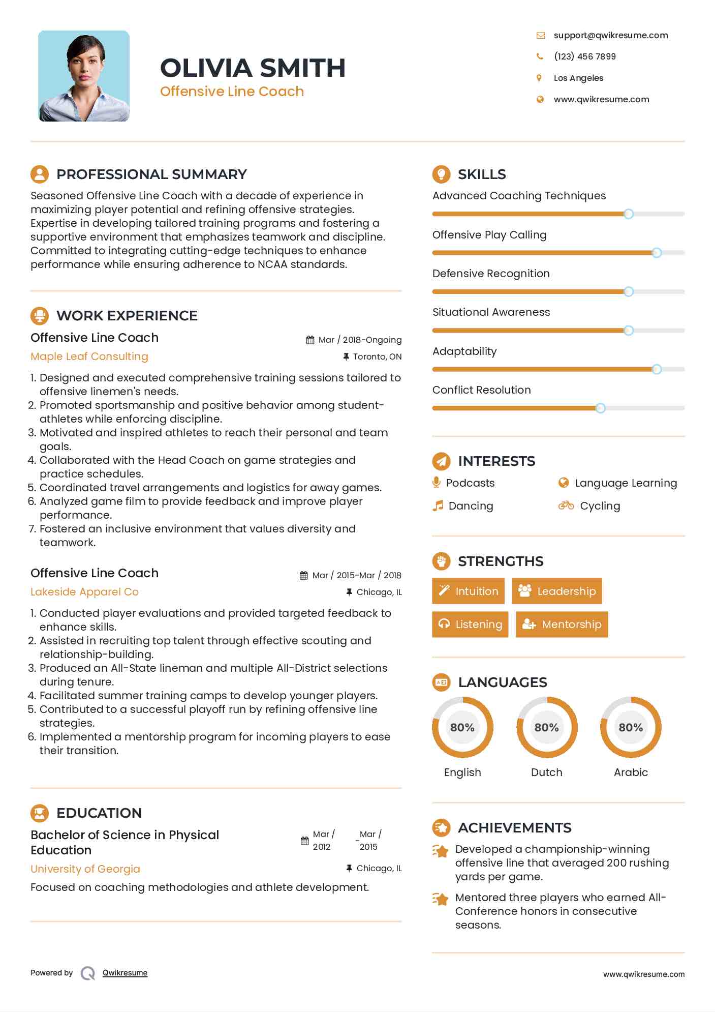 Offensive Line Coach Resume Sample