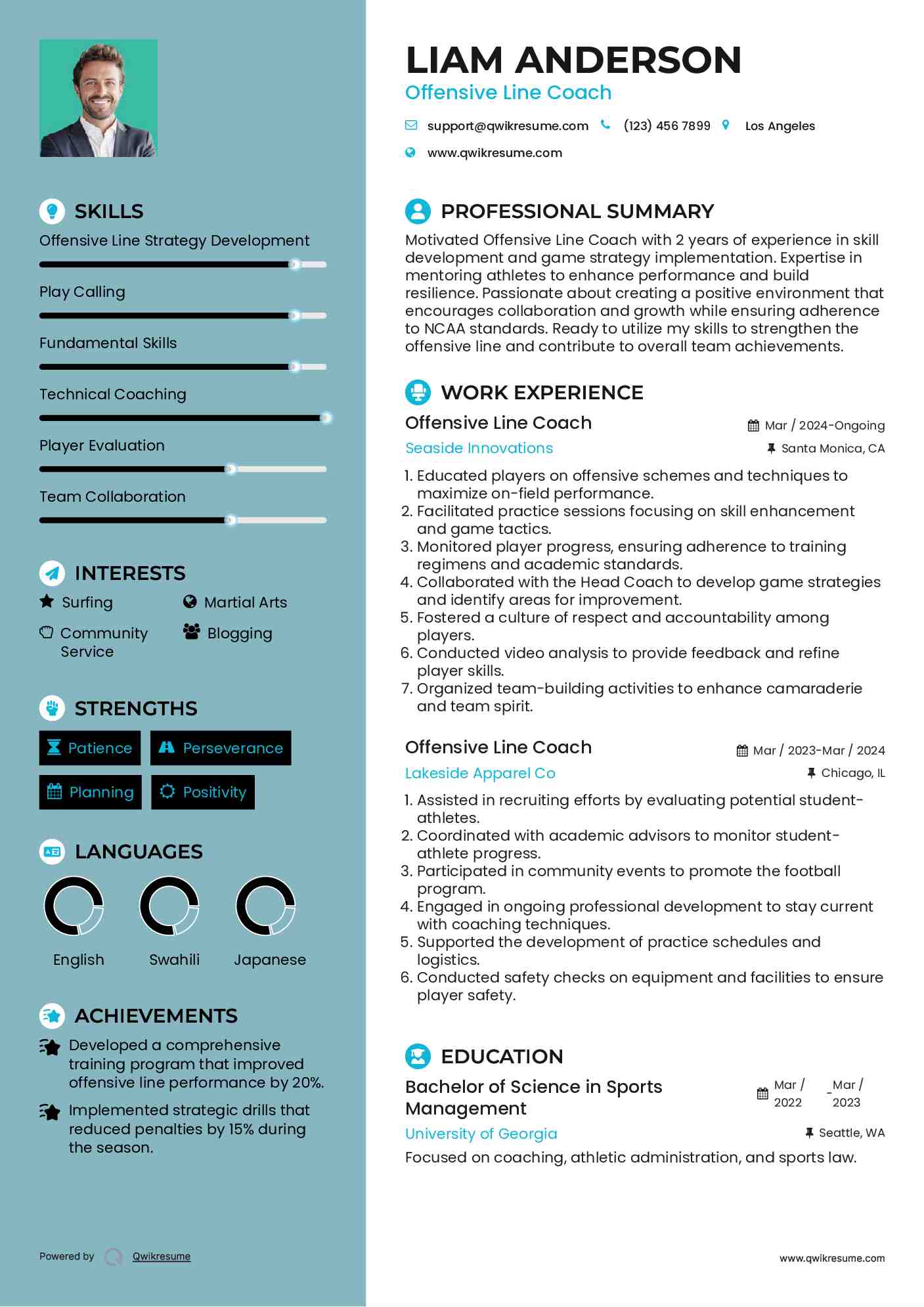 Offensive Line Coach Resume Example