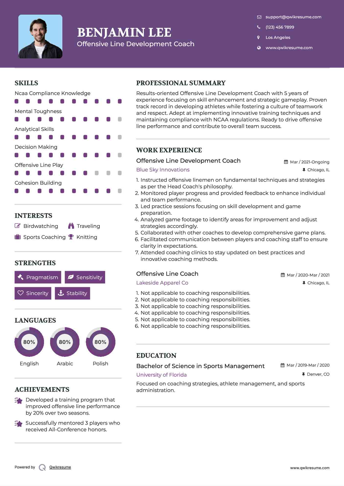 Offensive Line Development Coach Resume Example