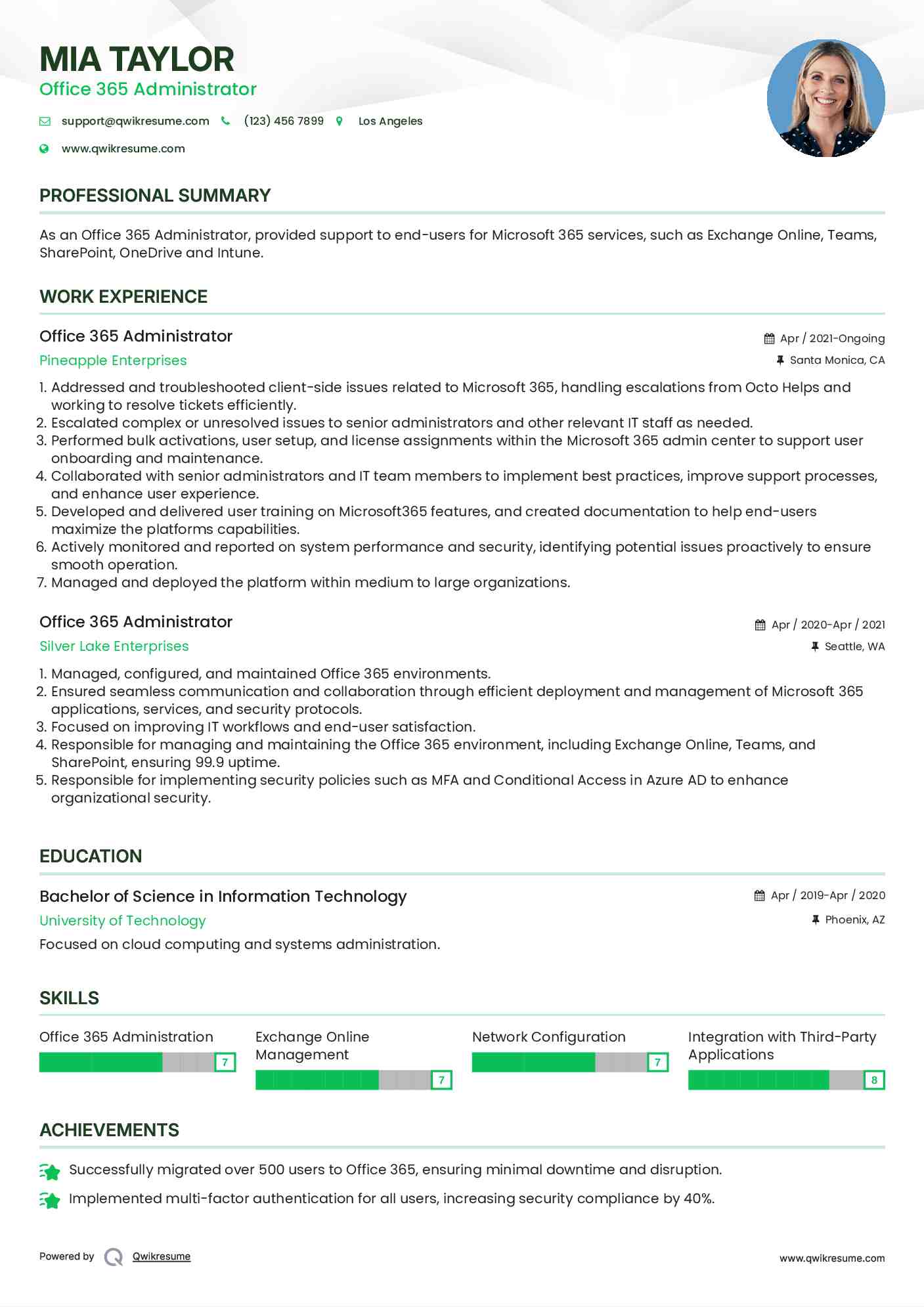 Office 365 Administrator Resume Model