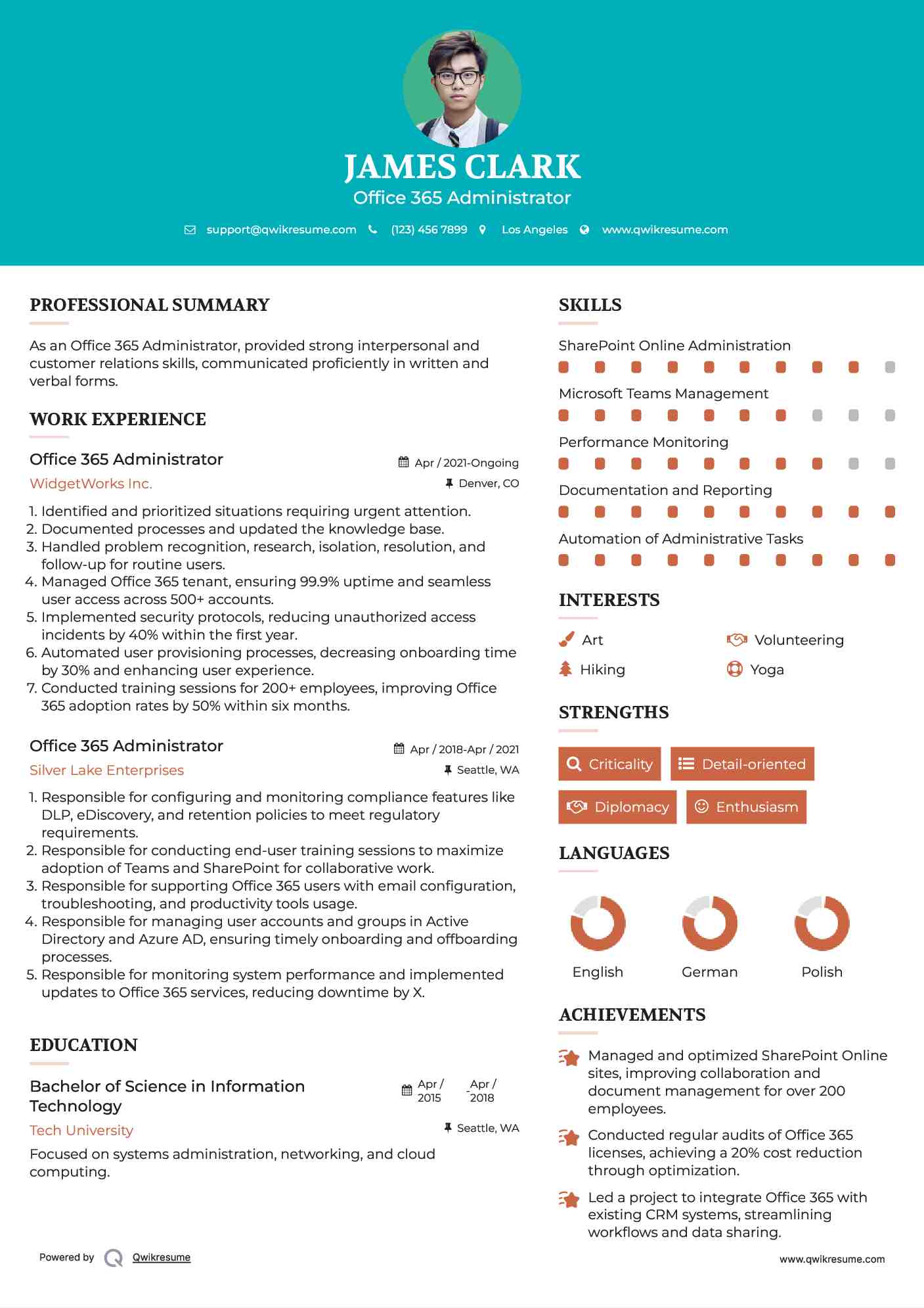 Office 365 Administrator Resume Example