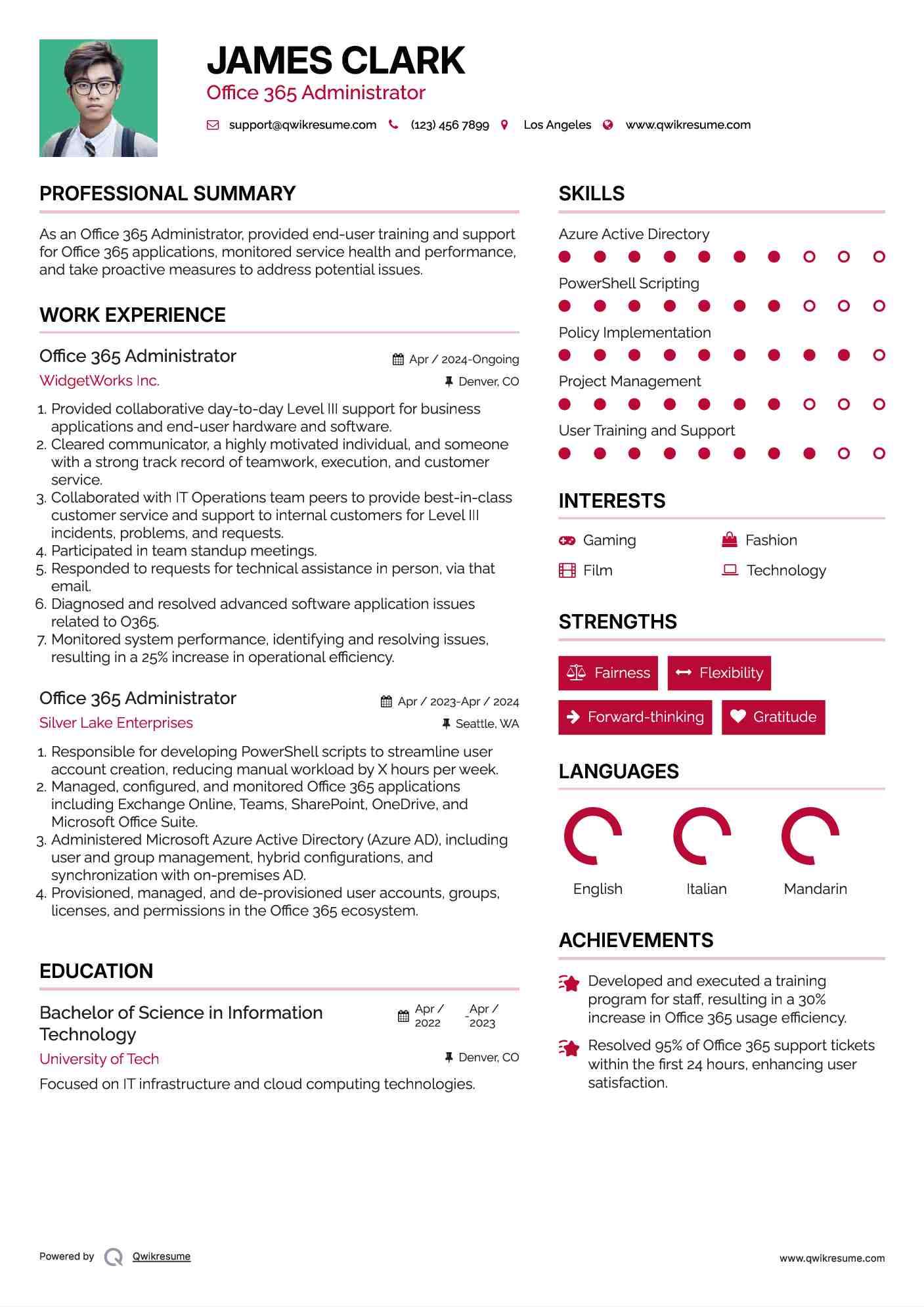 Office 365 Administrator Resume Model