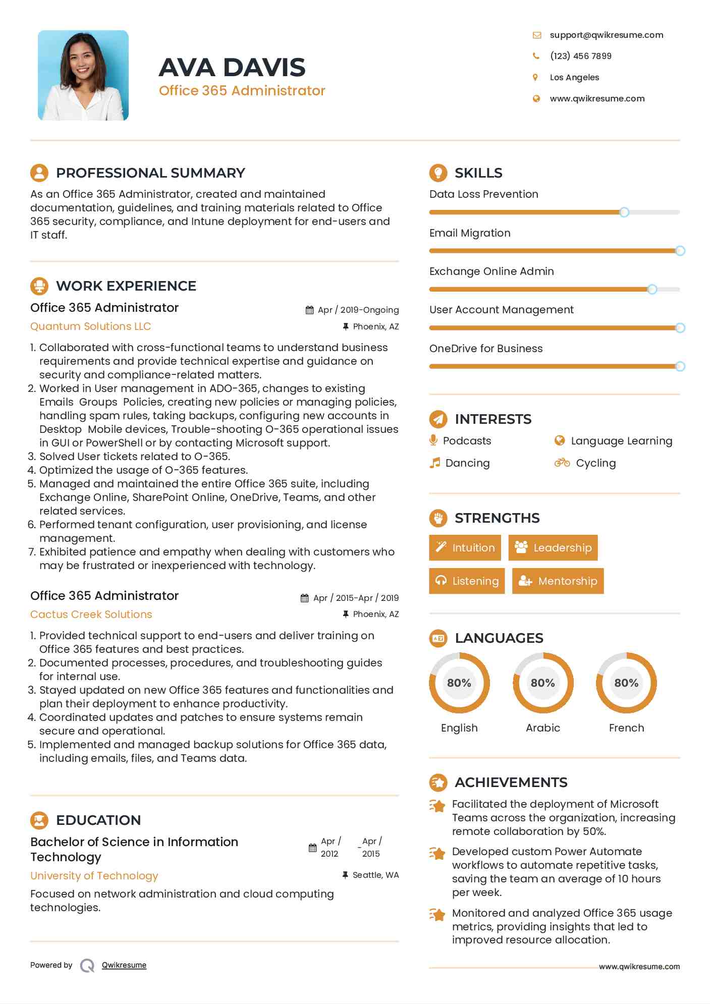 Office 365 Administrator Resume Sample