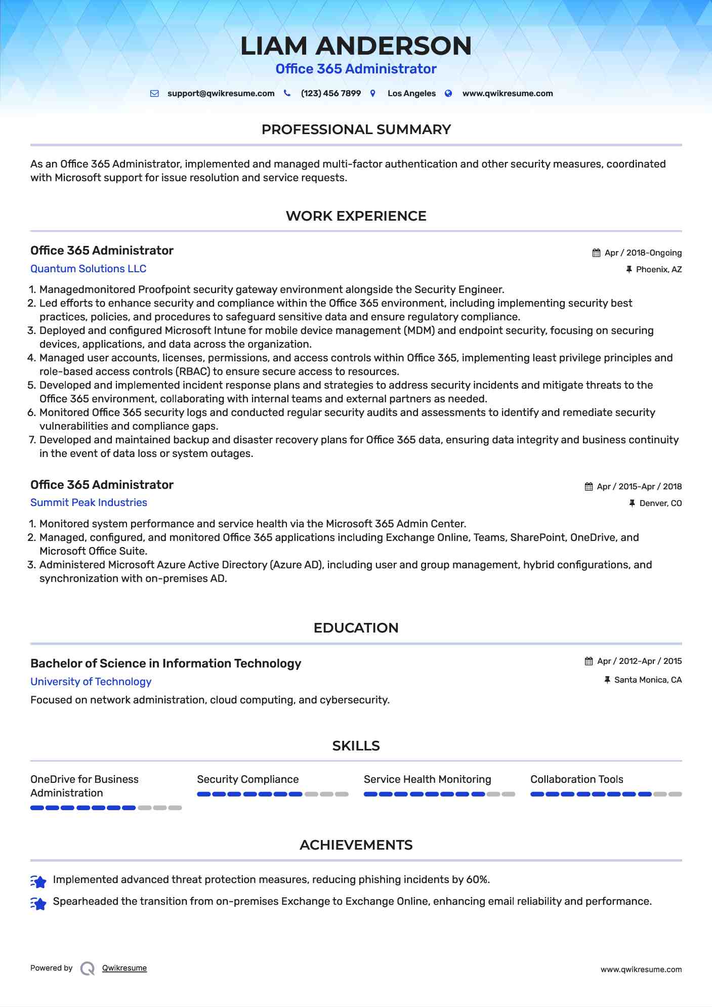 Office 365 Administrator Resume Sample