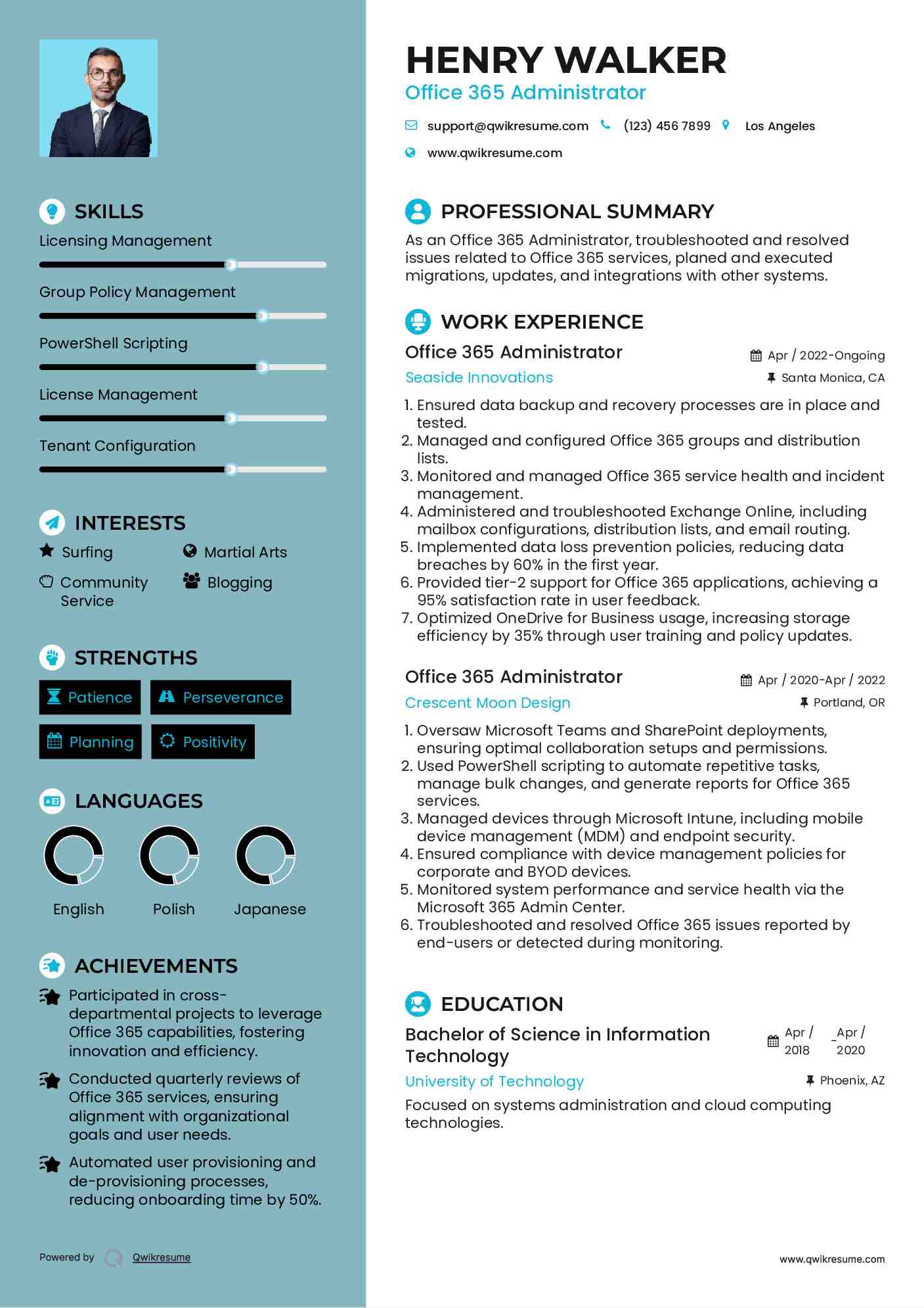 Office 365 Administrator Resume Sample