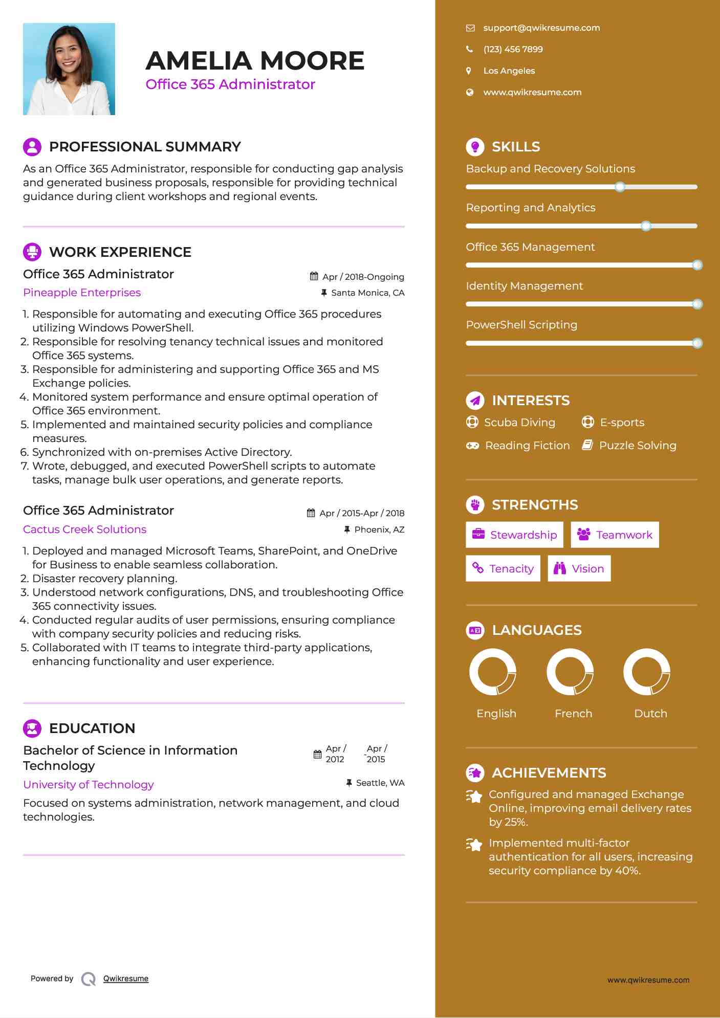 Office 365 Administrator Resume Model