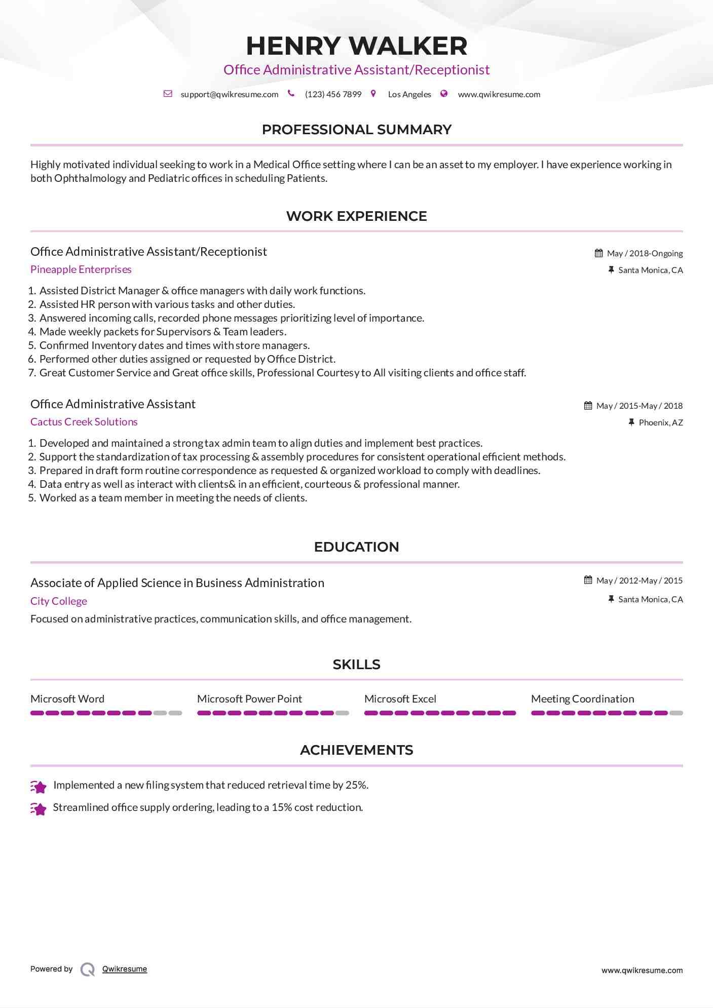 Office Administrative Assistant/Receptionist Resume Template