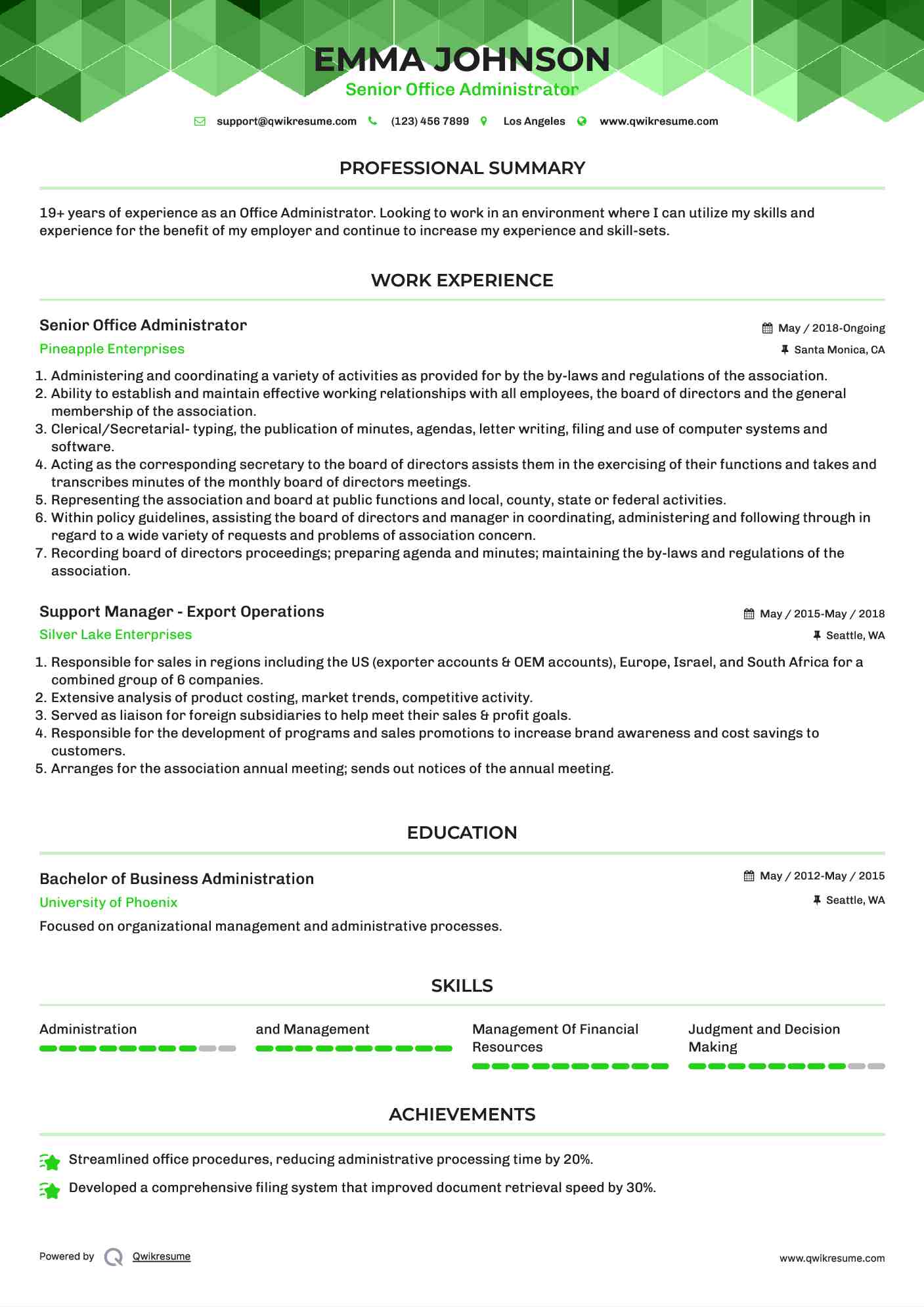 Senior Office Administrator Resume Format