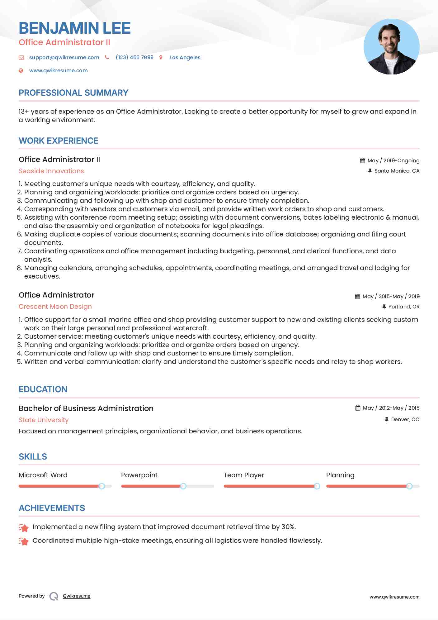 Office Administrator II Resume Example