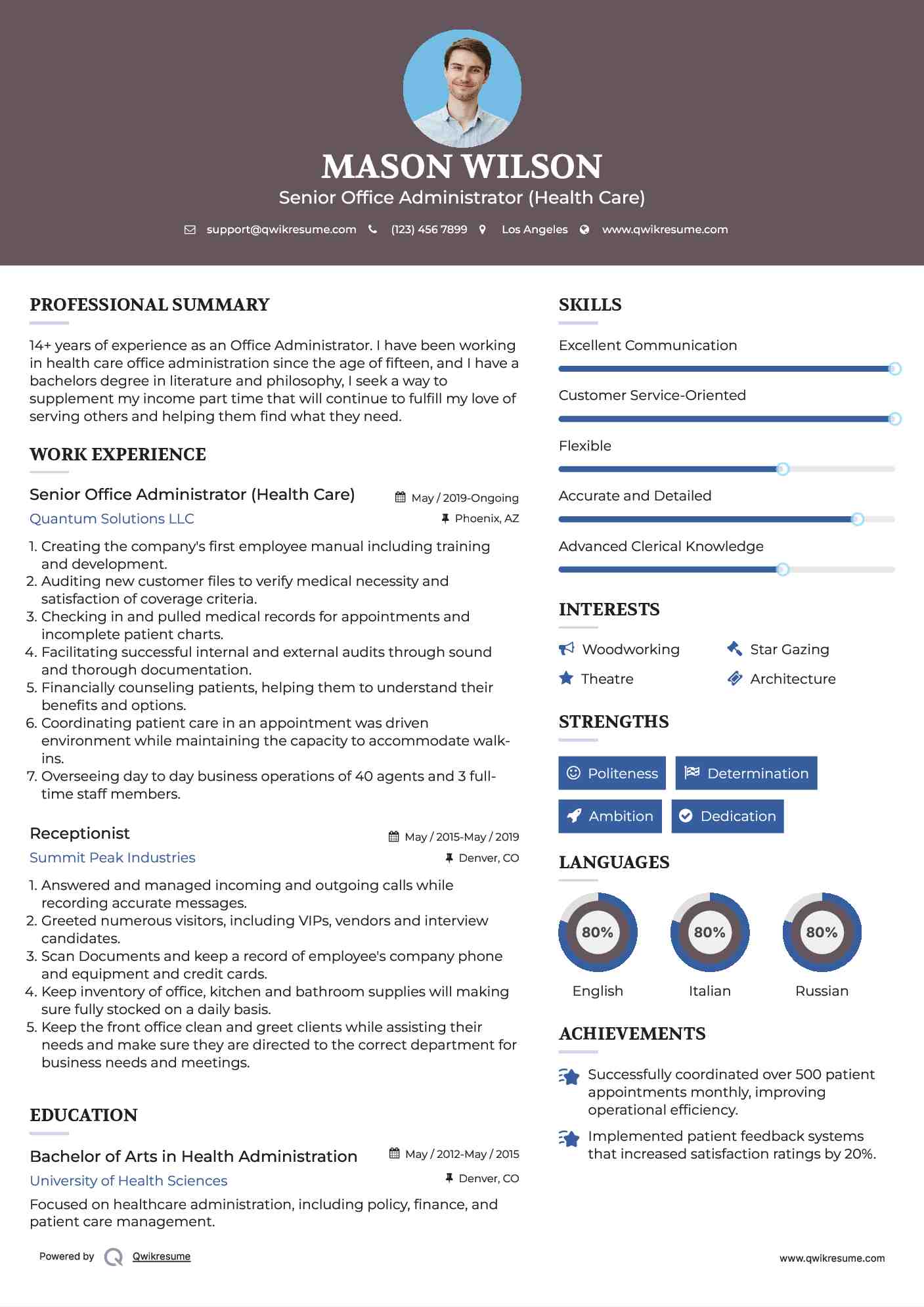Senior Office Administrator (Health Care) Resume Template