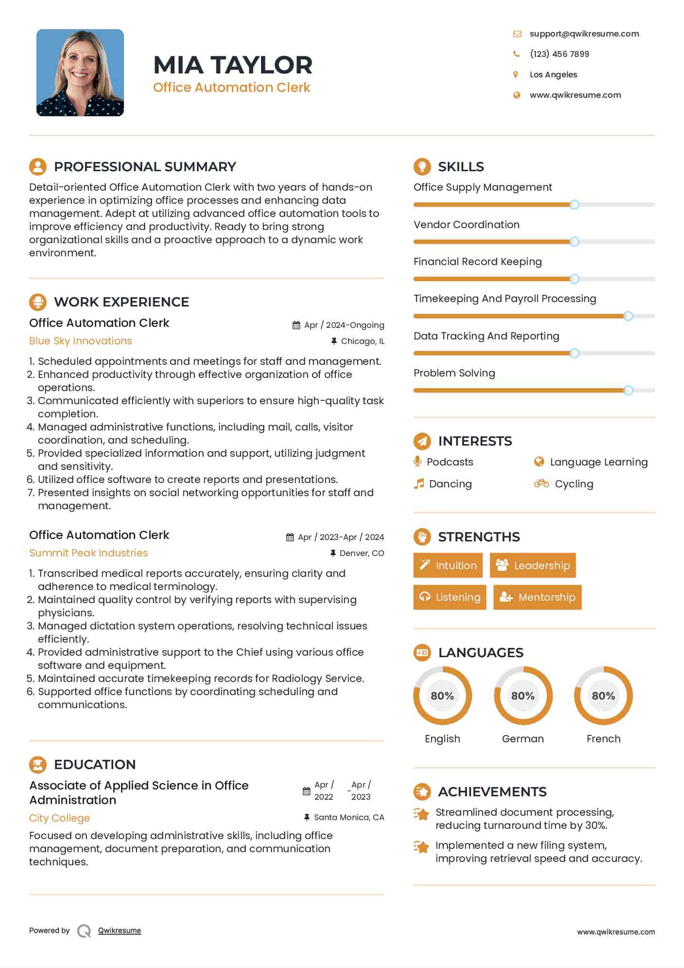 Office Automation Clerk Resume Sample