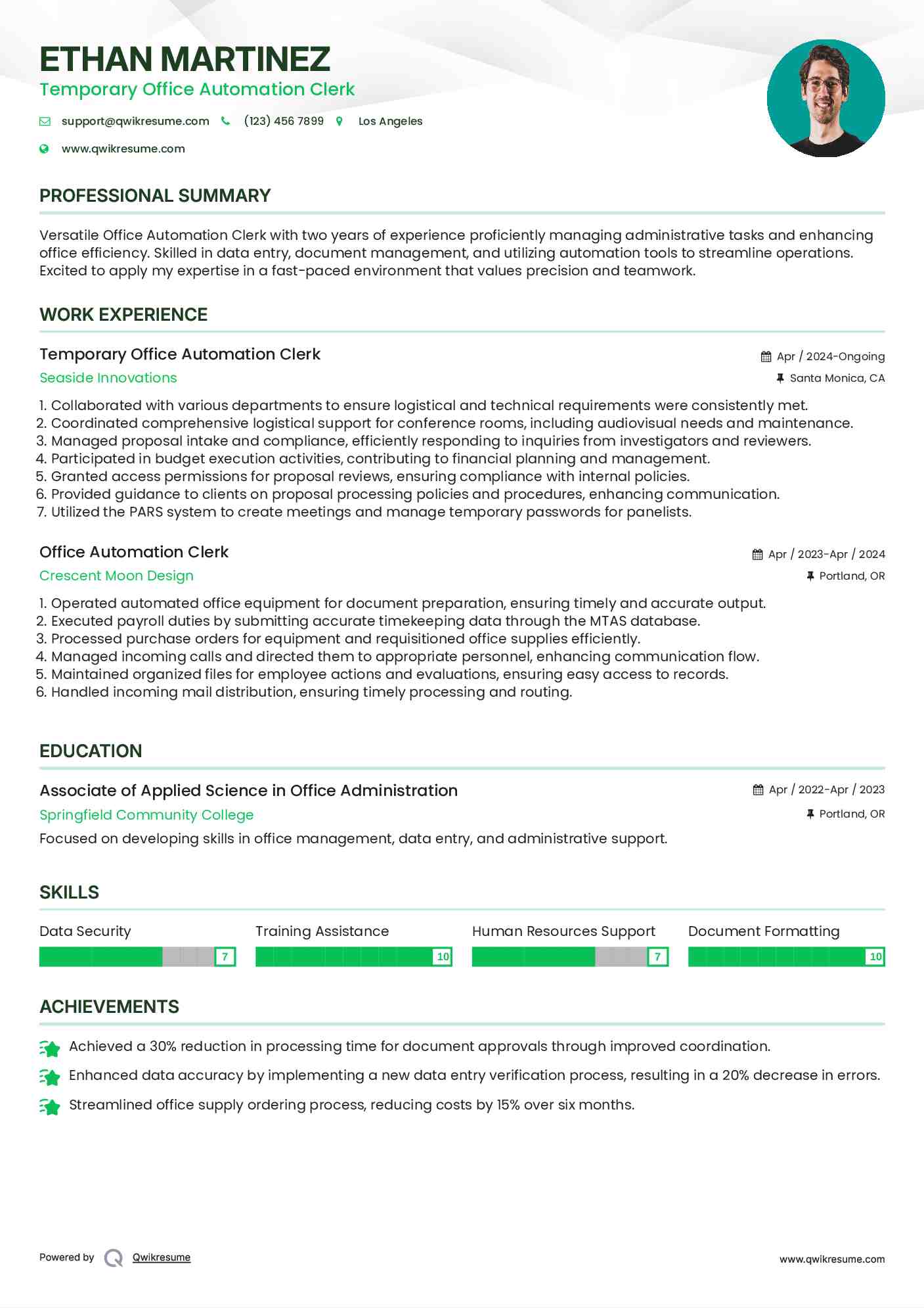 Temporary Office Automation Clerk Resume Example