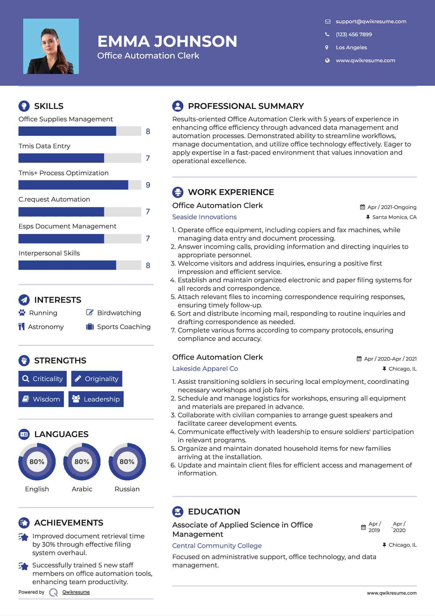 Office Automation Clerk Resume Example