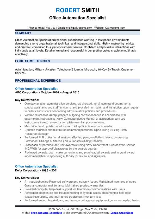 Office Automation Specialist Resume Samples | QwikResume