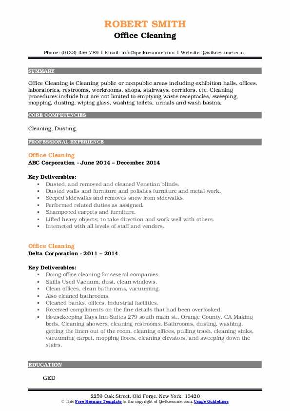 Office Cleaning Resume Samples QwikResume