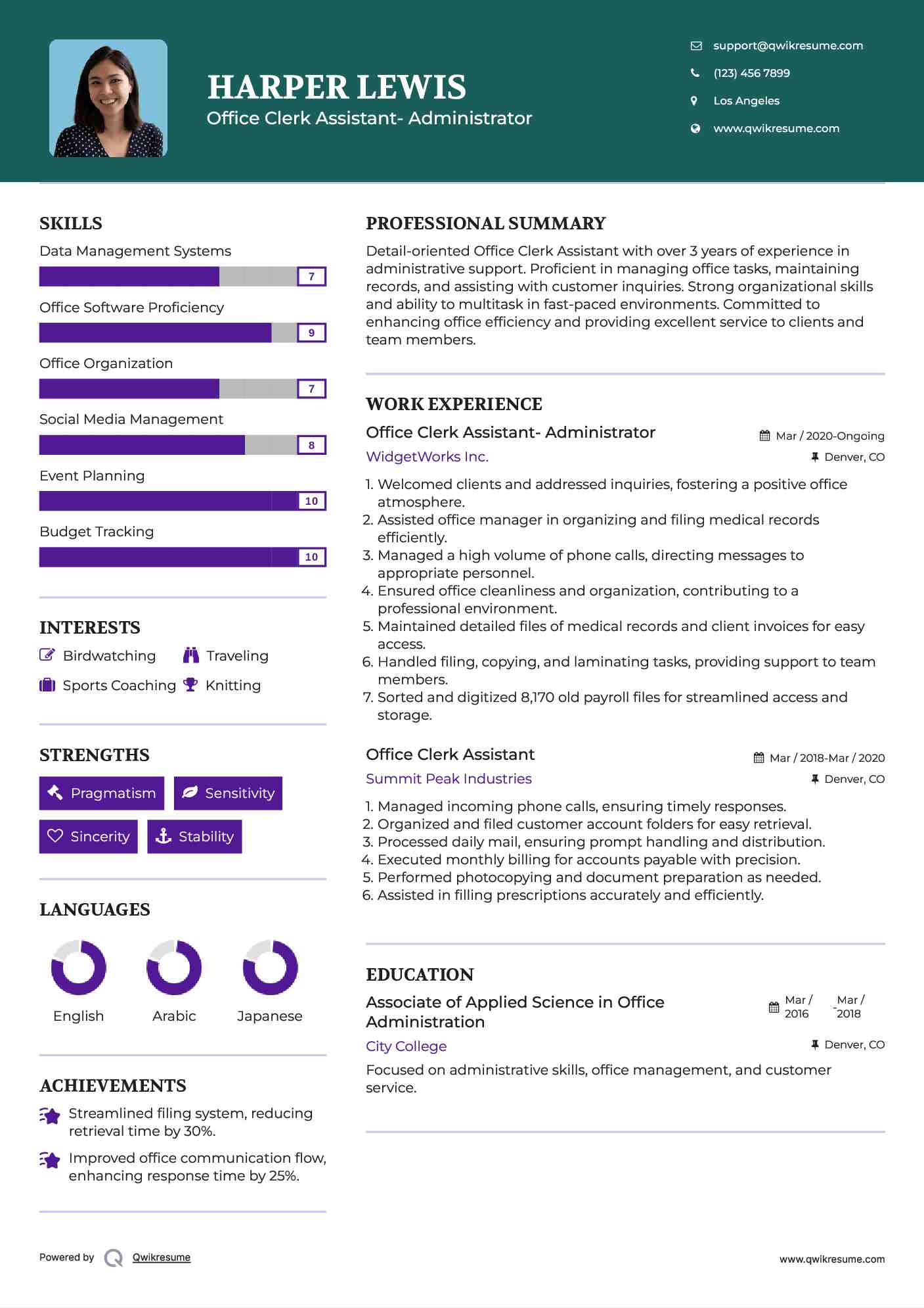 Office Clerk Assistant- Administrator Resume Template