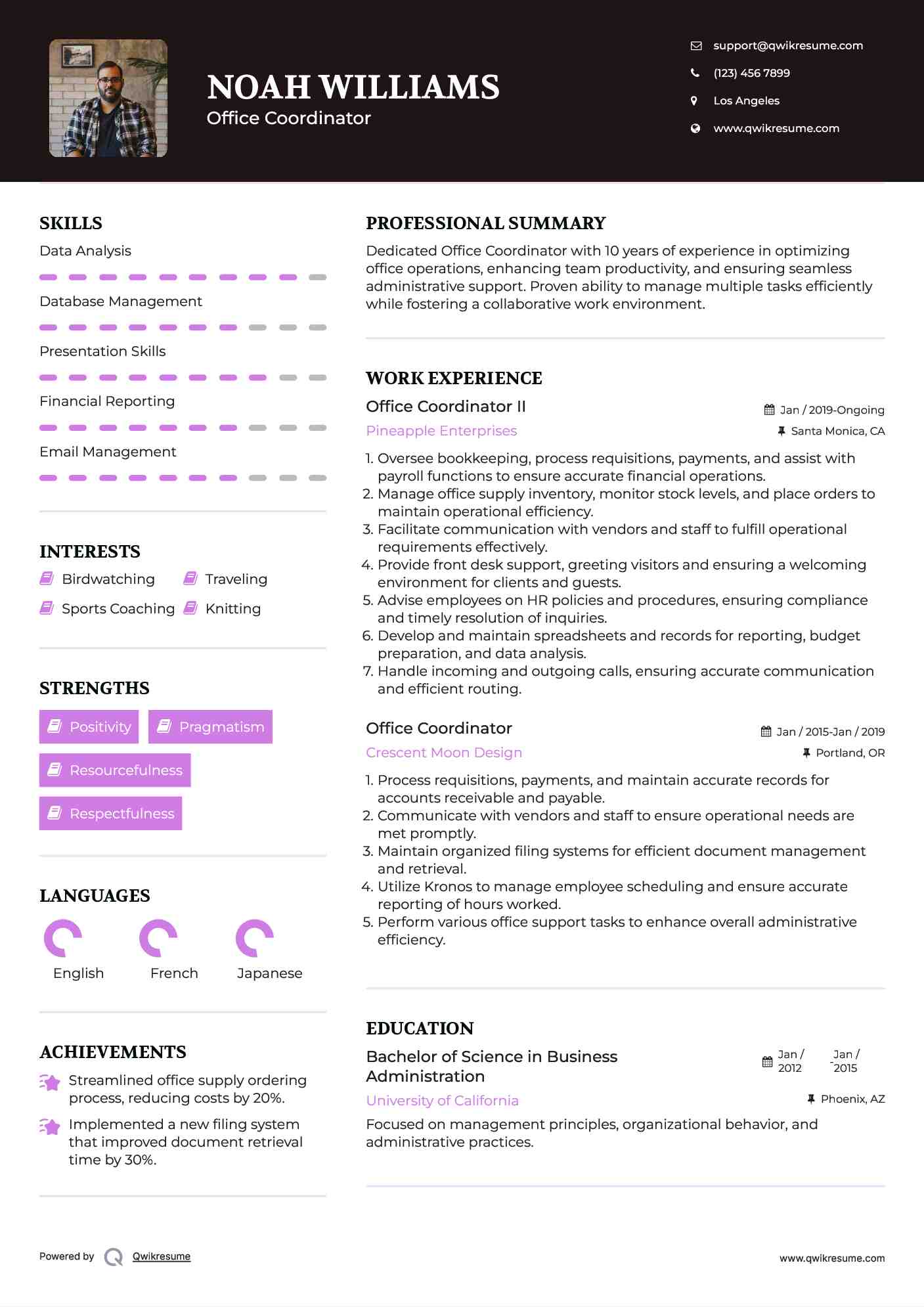 Office Coordinator II Resume Example