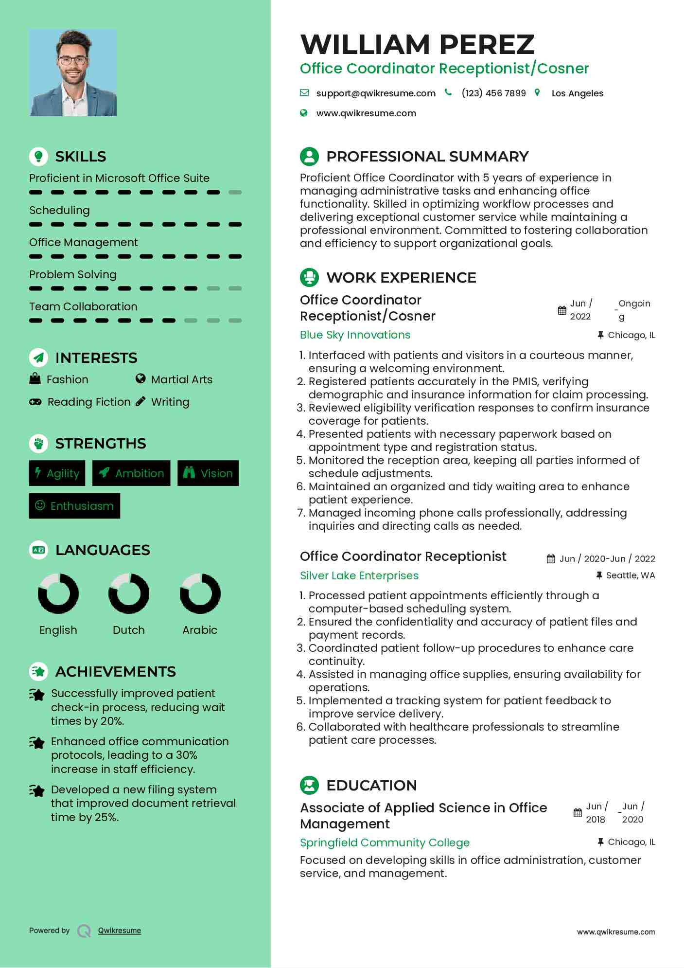 Office Coordinator Receptionist/Cosner Resume Sample