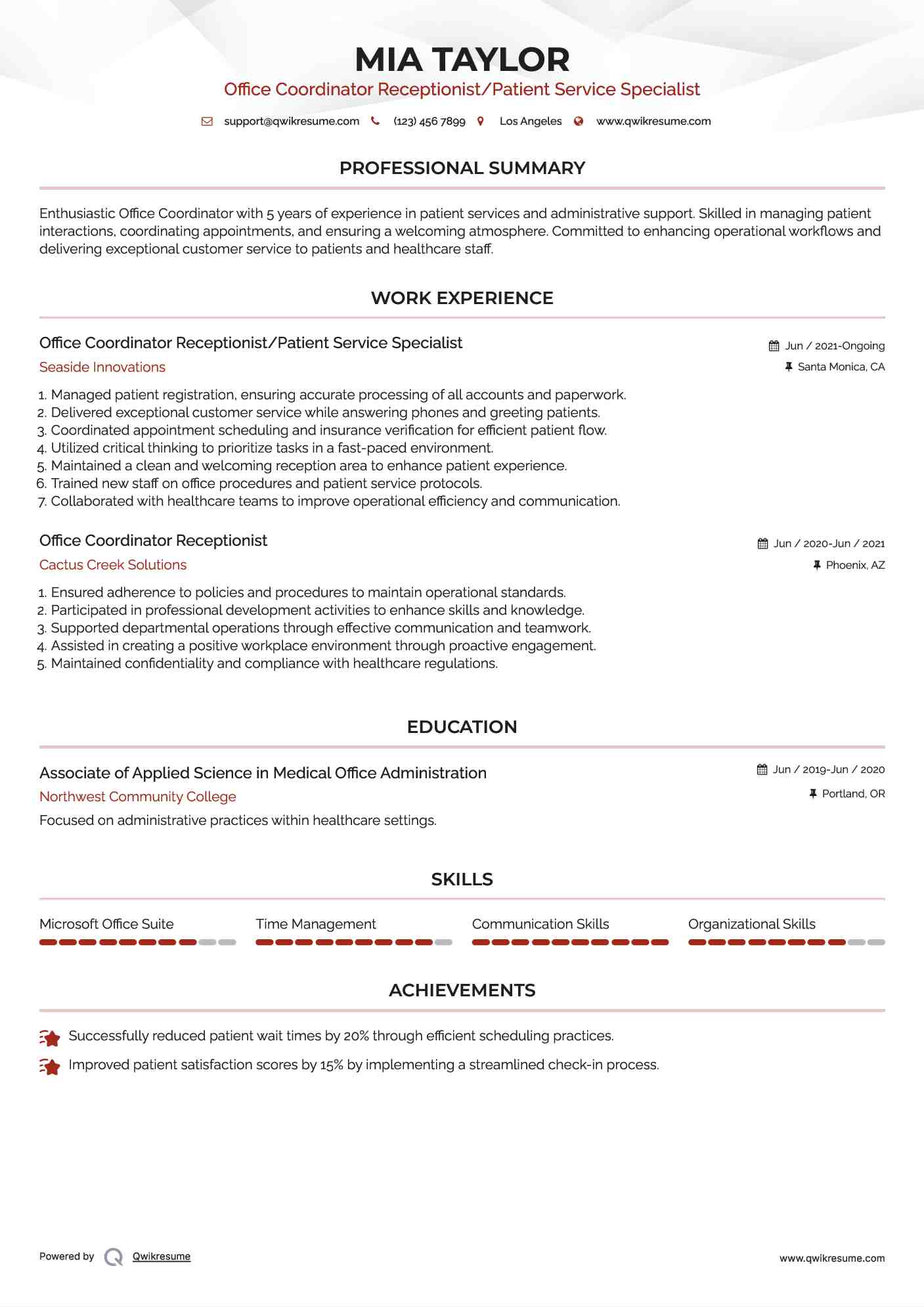 Office Coordinator Receptionist/Patient Service Specialist Resume Example
