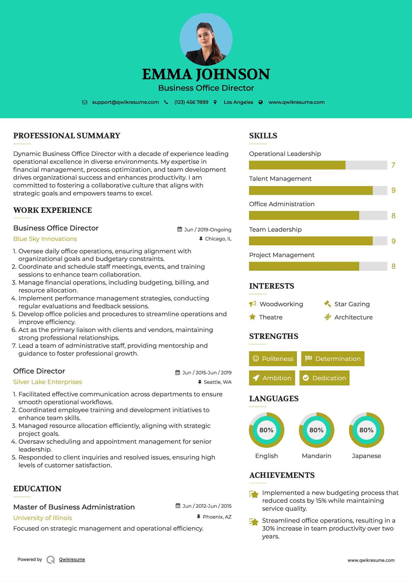 Business Office Director Resume Template