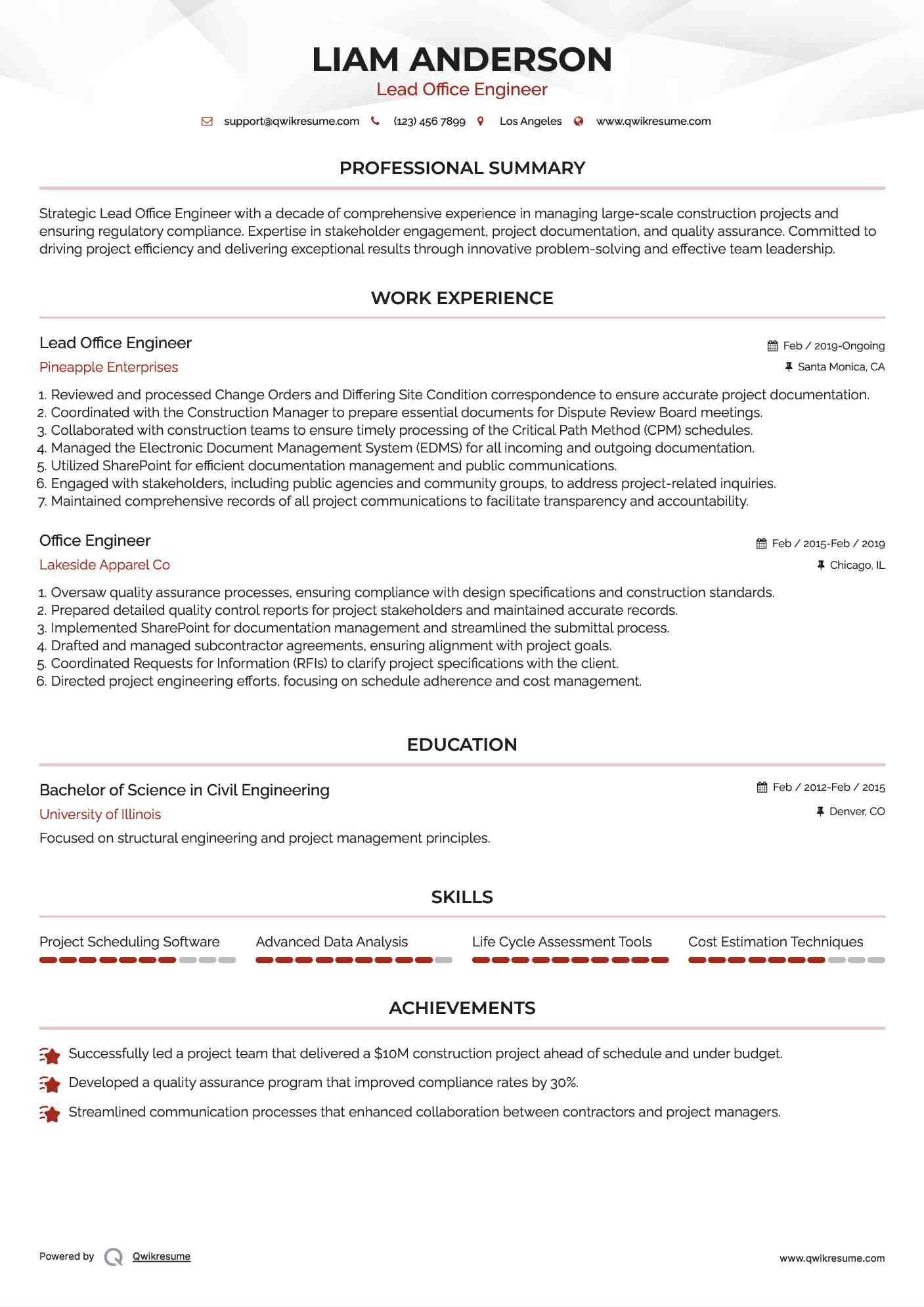 Lead Office Engineer  Resume Template