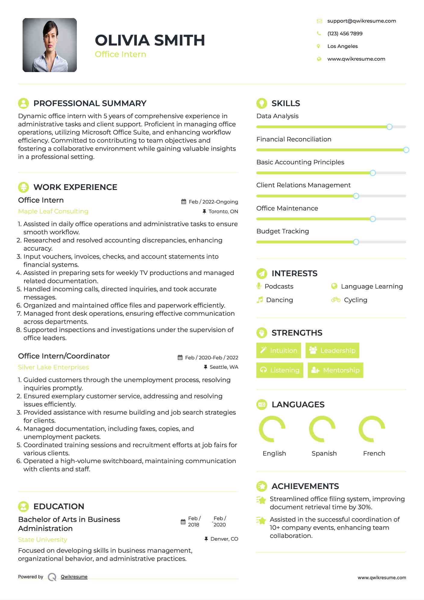 Office Intern Resume Example