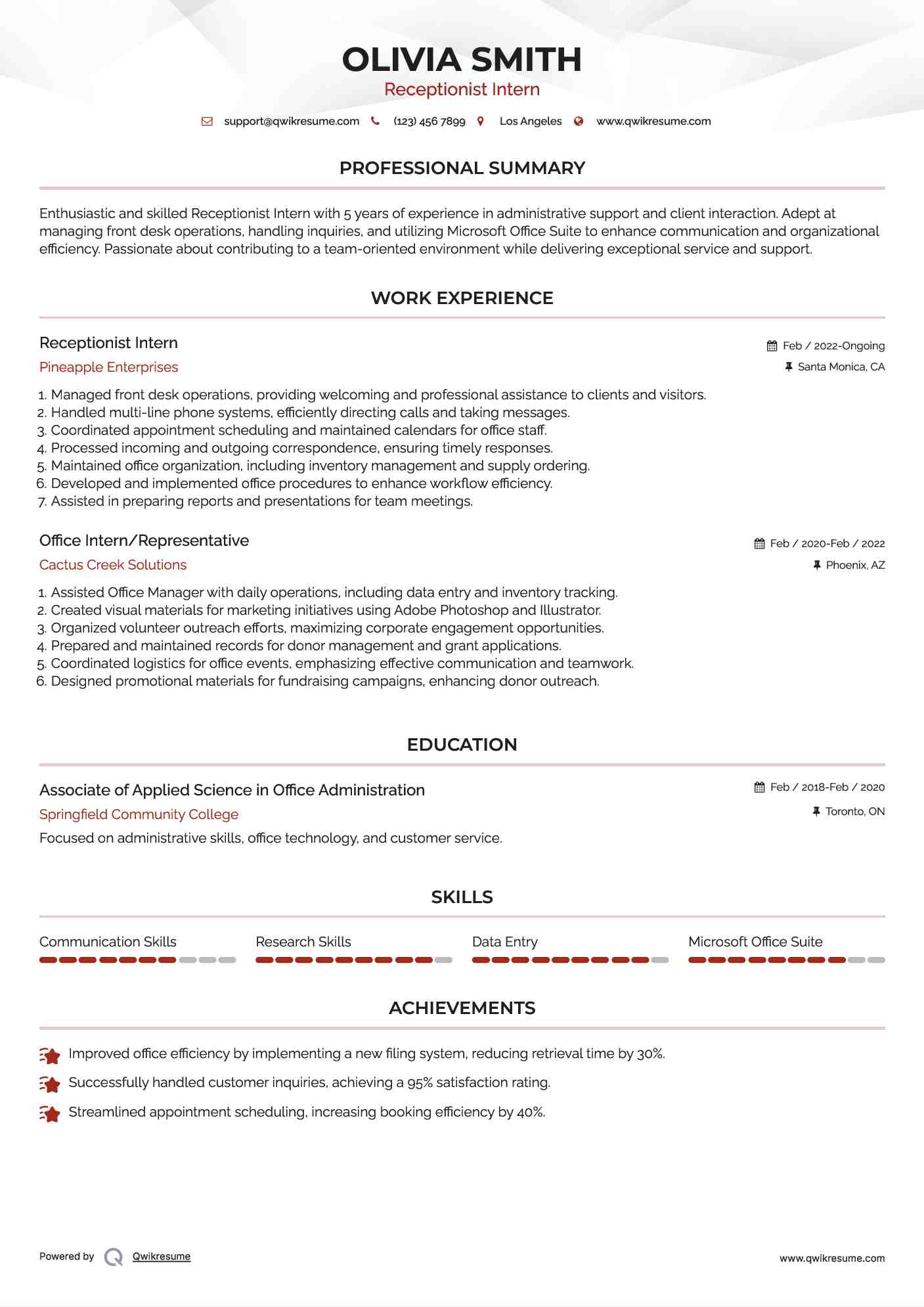 Receptionist Intern
 Resume Example