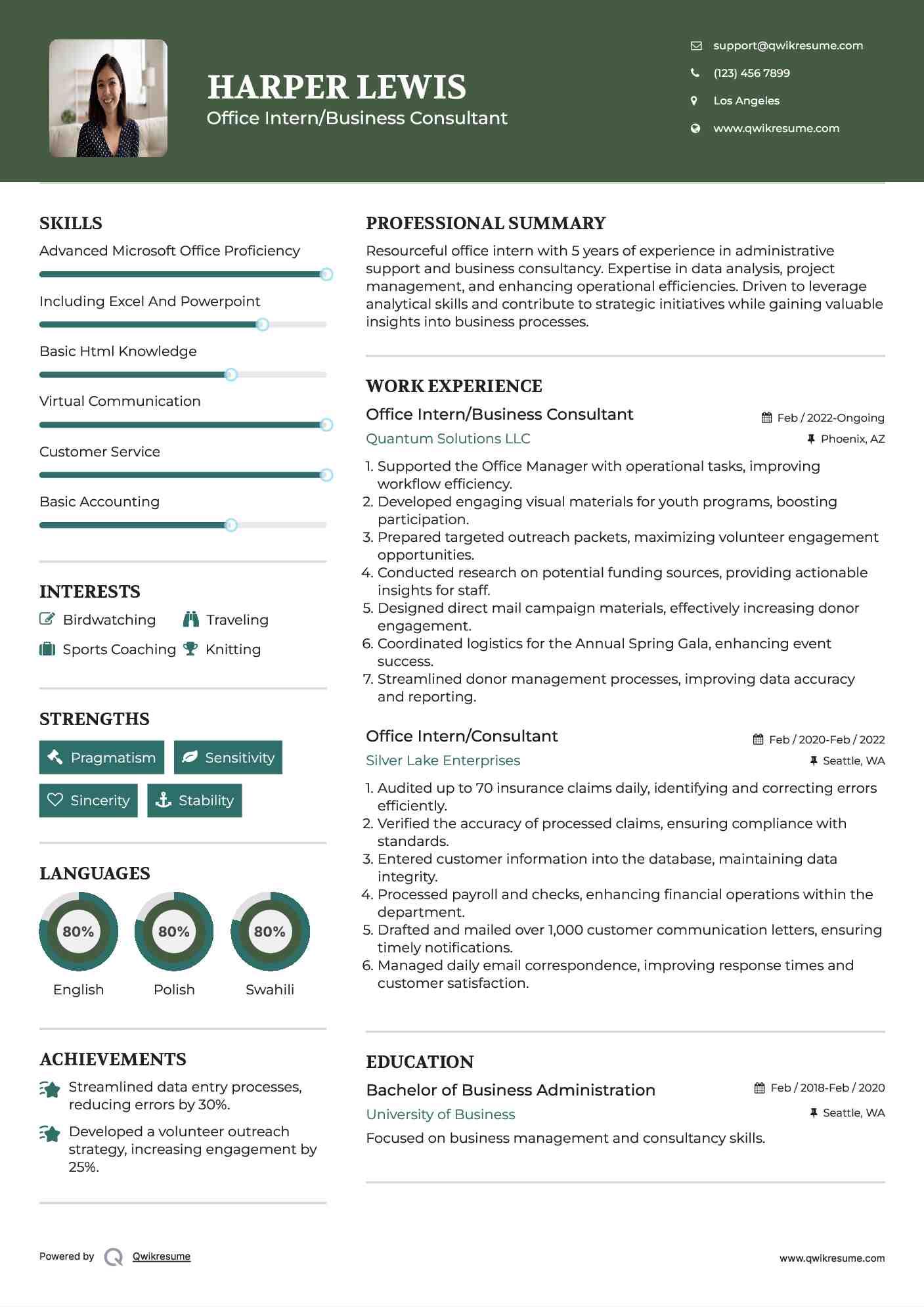 Office Intern/Business Consultant Resume Model