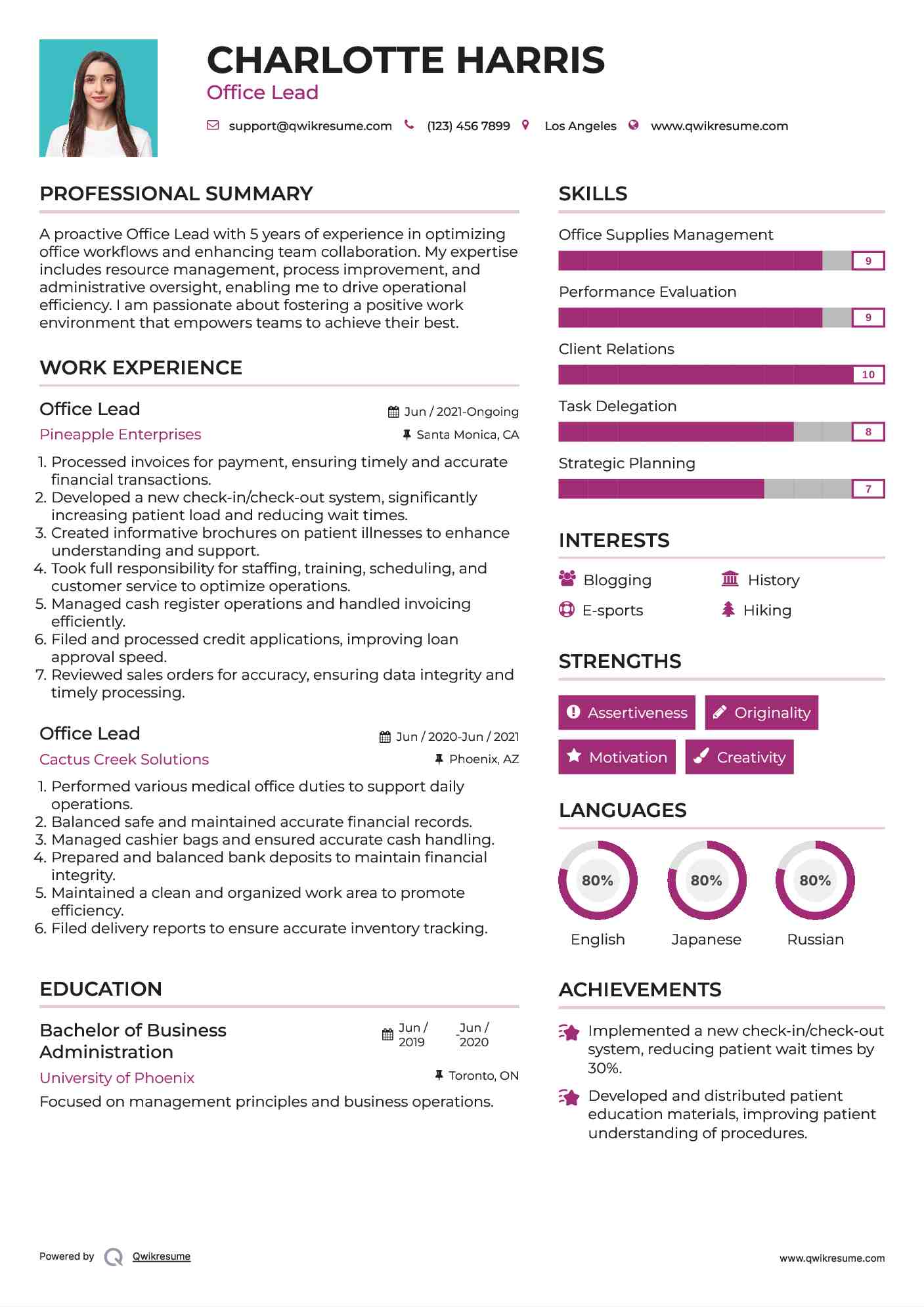 Office Lead Resume Example