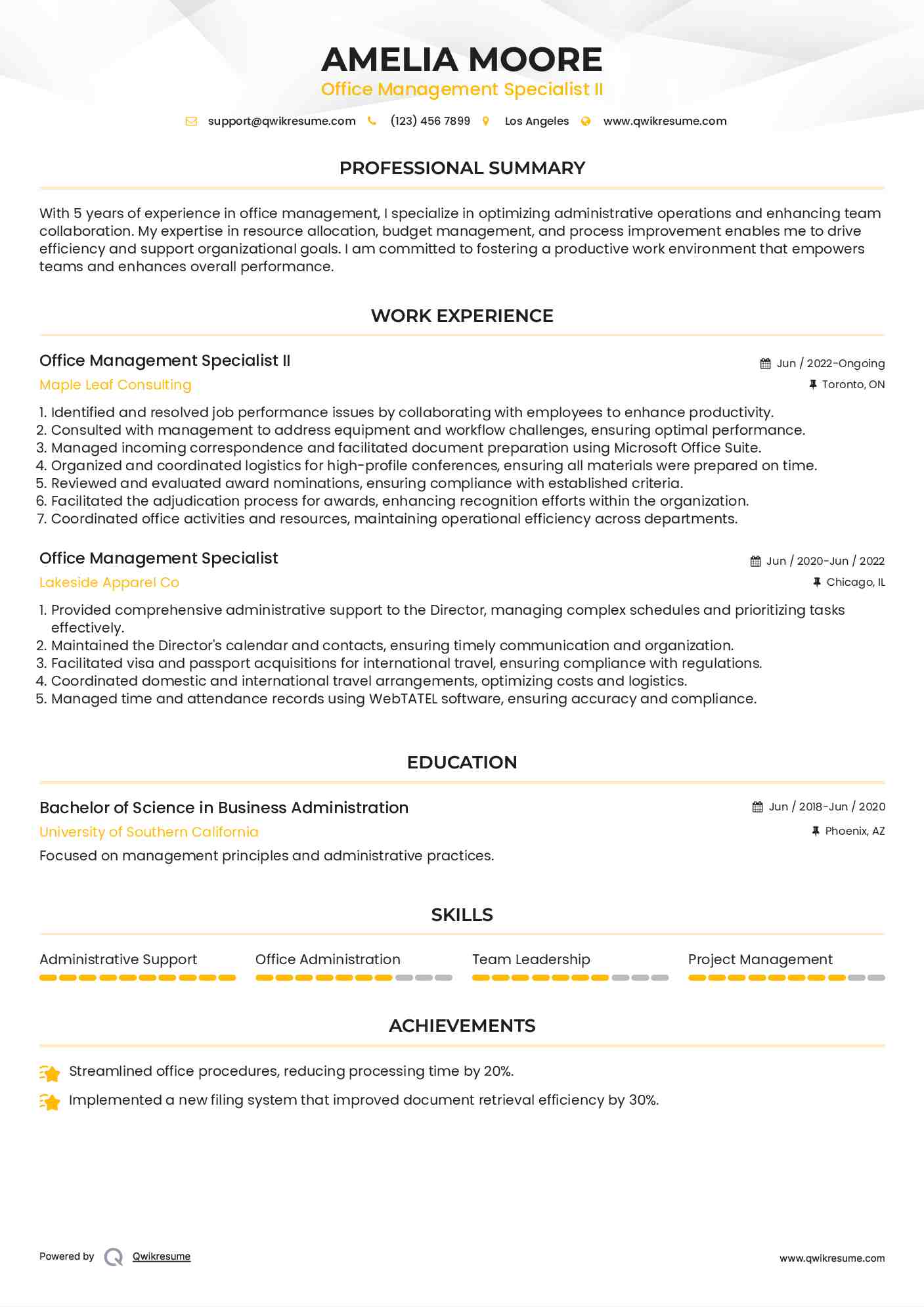 Office Management Specialist II Resume Model