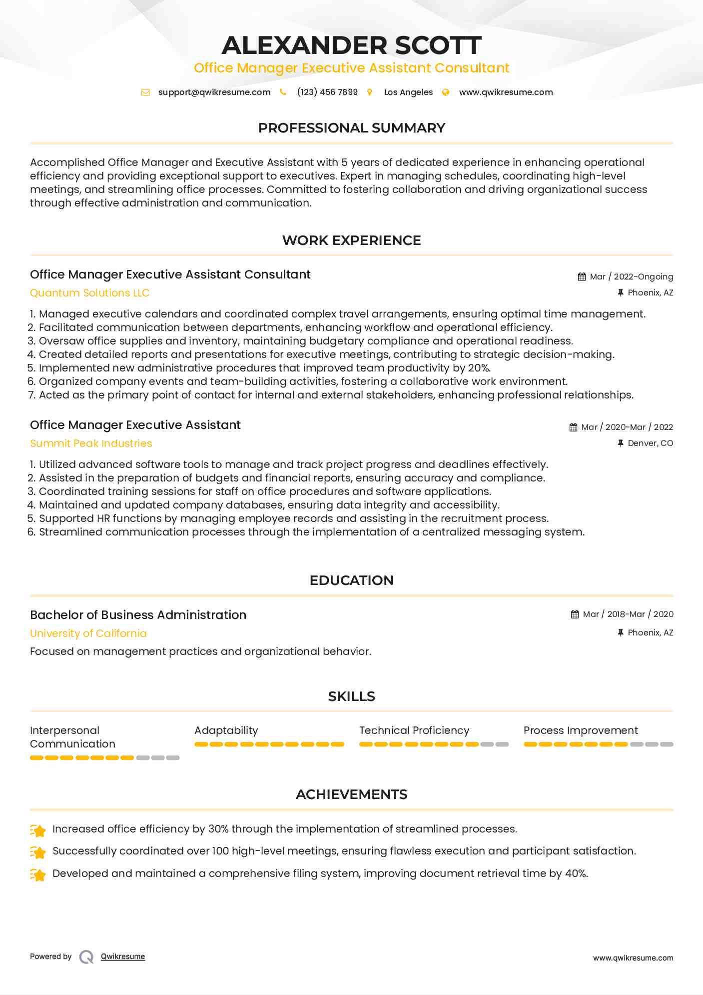 Office Manager Executive Assistant Consultant Resume Example