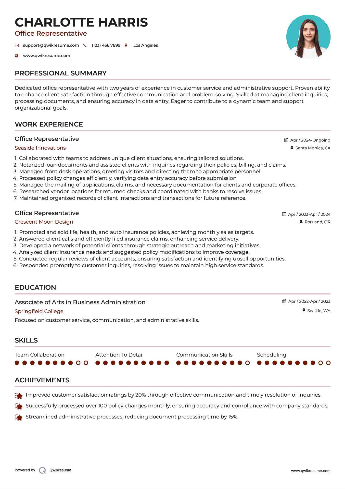 Office Representative Resume Sample