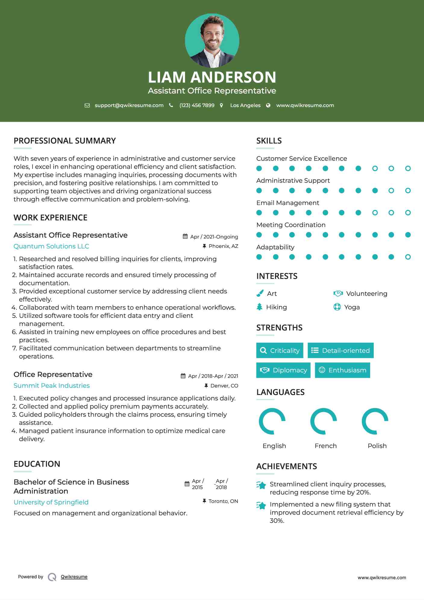 Assistant Office Representative Resume Template