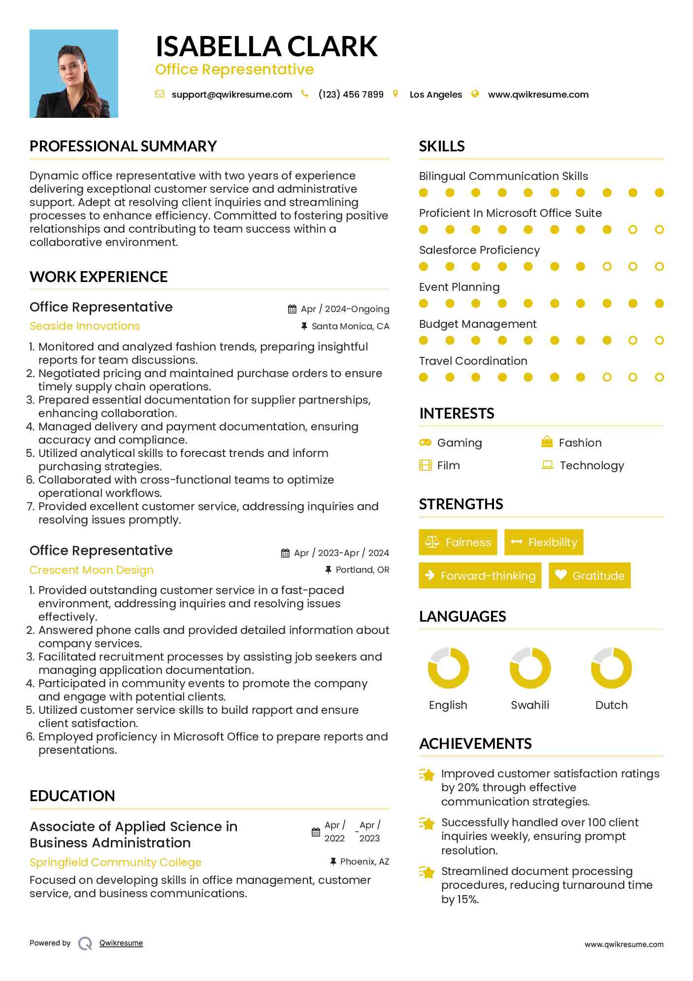 Office Representative Resume Sample
