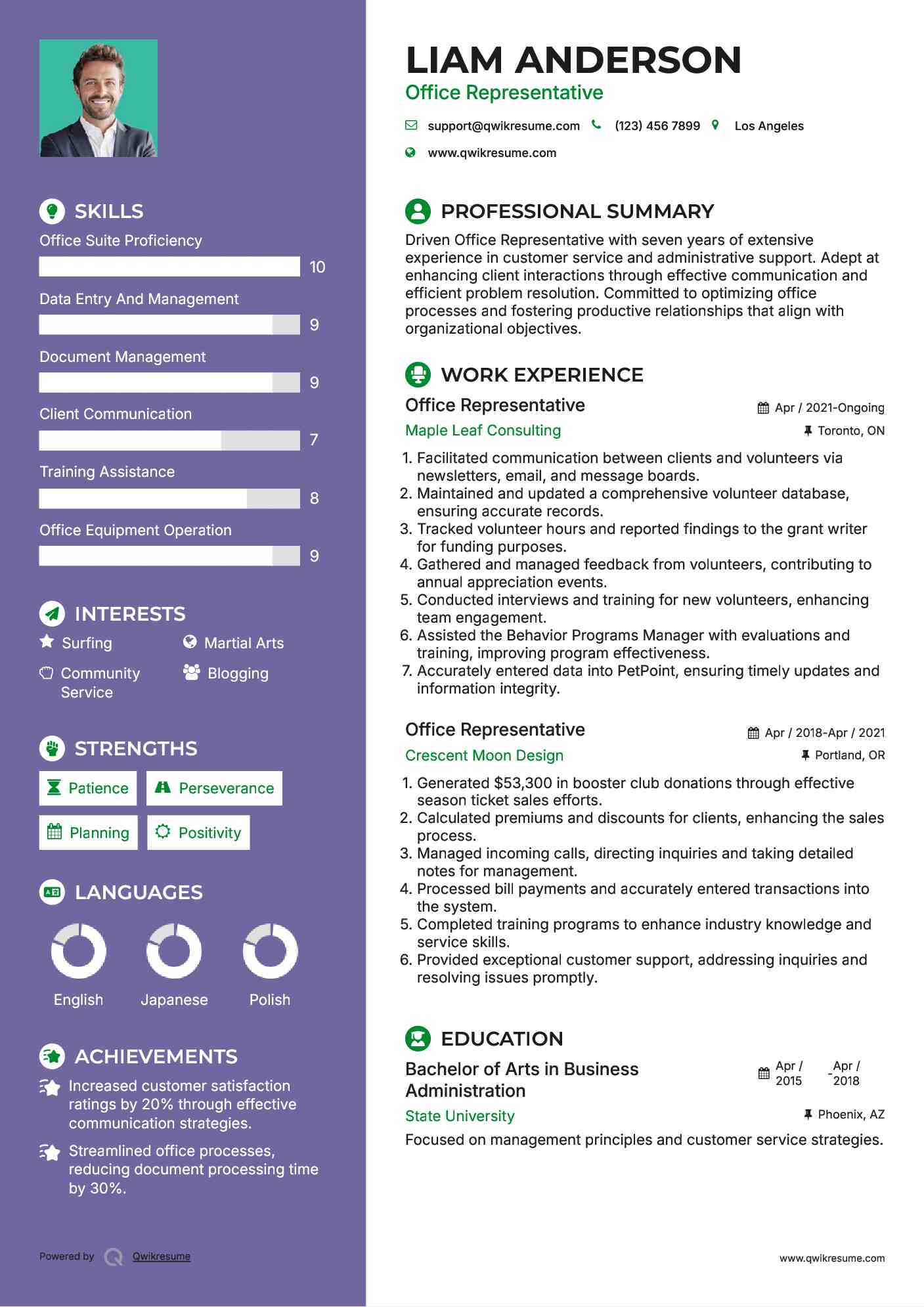 Office Representative Resume Example