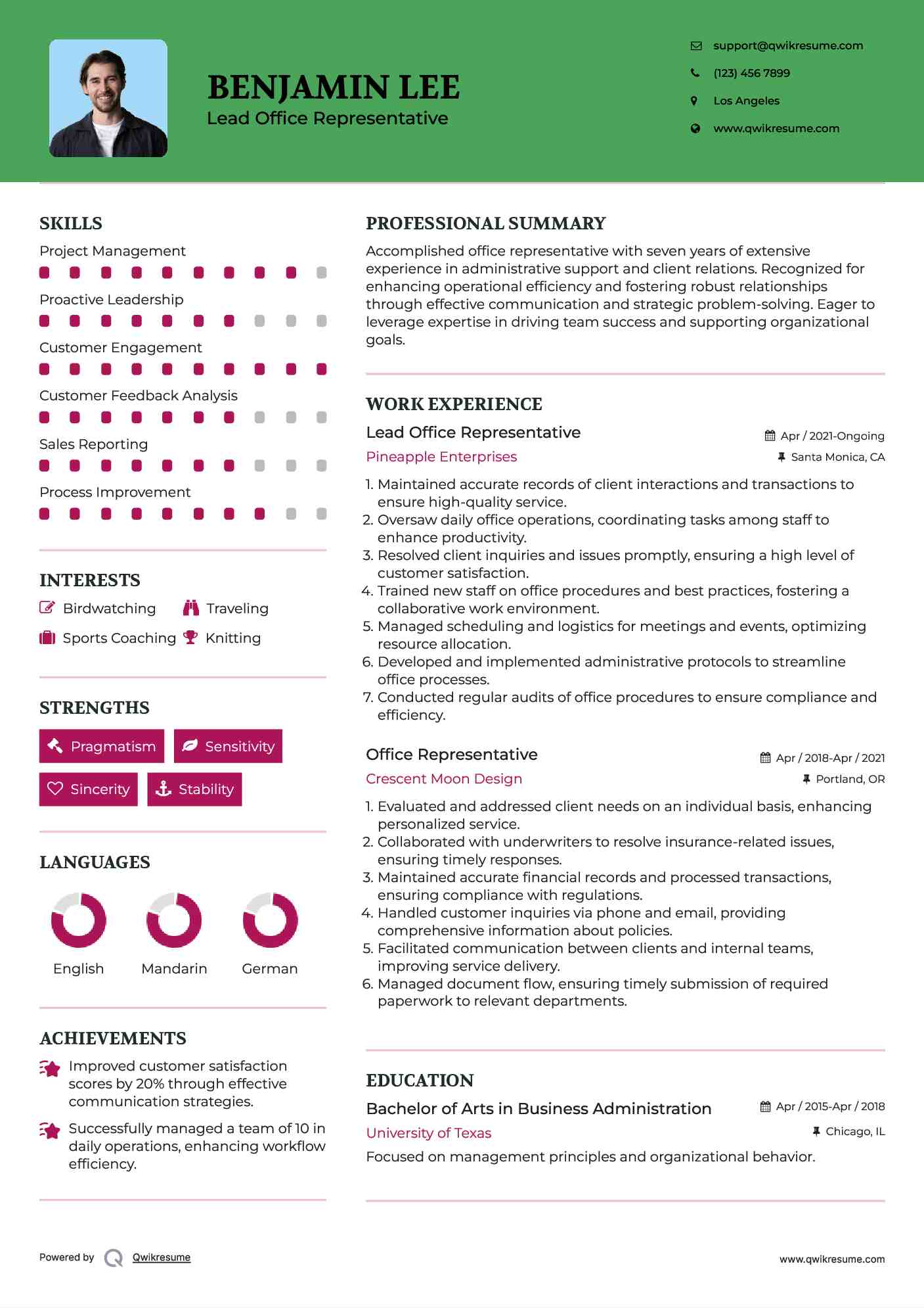 Lead Office Representative Resume Example